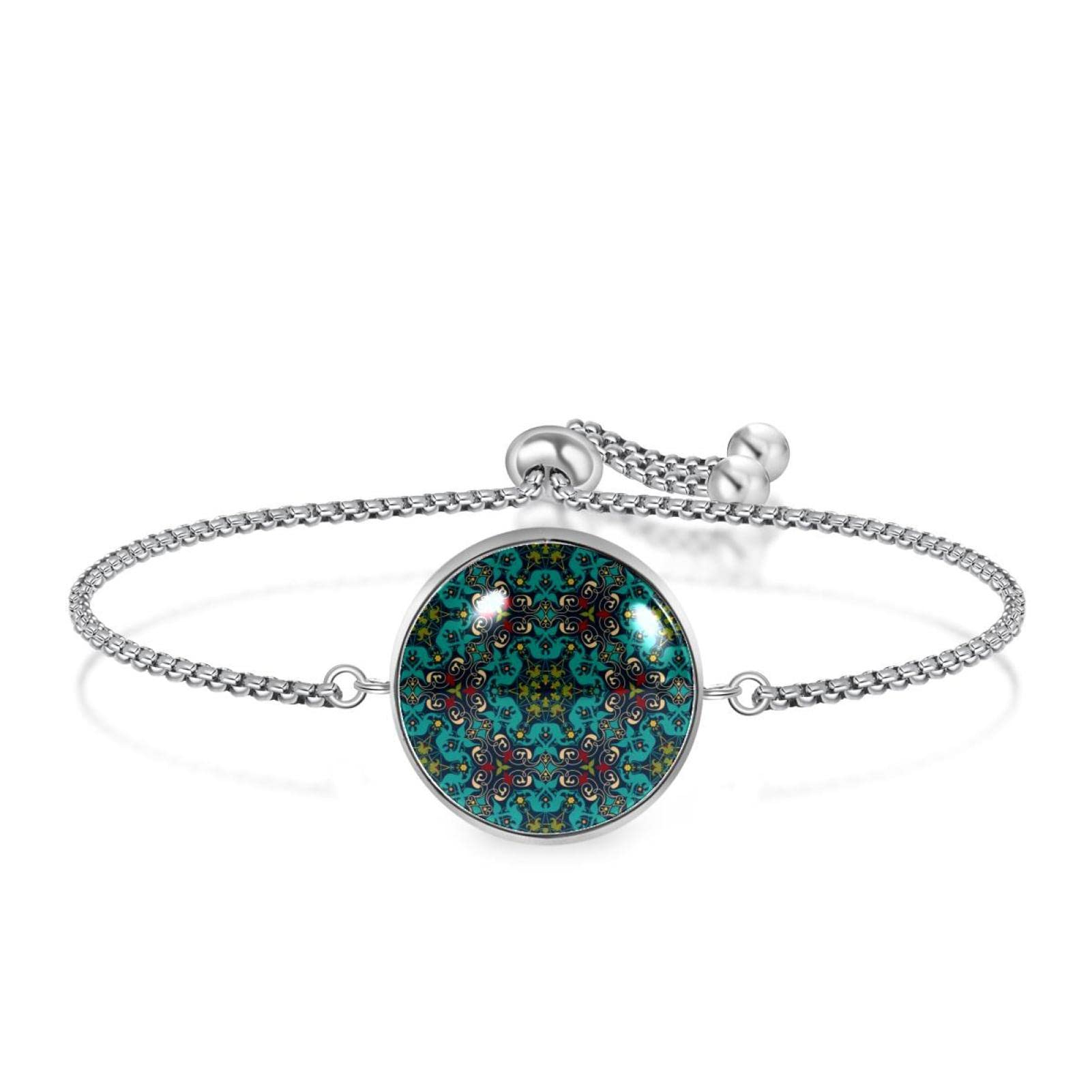 Mandala Green Pendant Bracelet for Women - Stainless Steel Charm Bracelet with Adjustable Chain, Boho Jewelry Gift for Her - Perfect for Yoga, Meditation & Everyday Wear