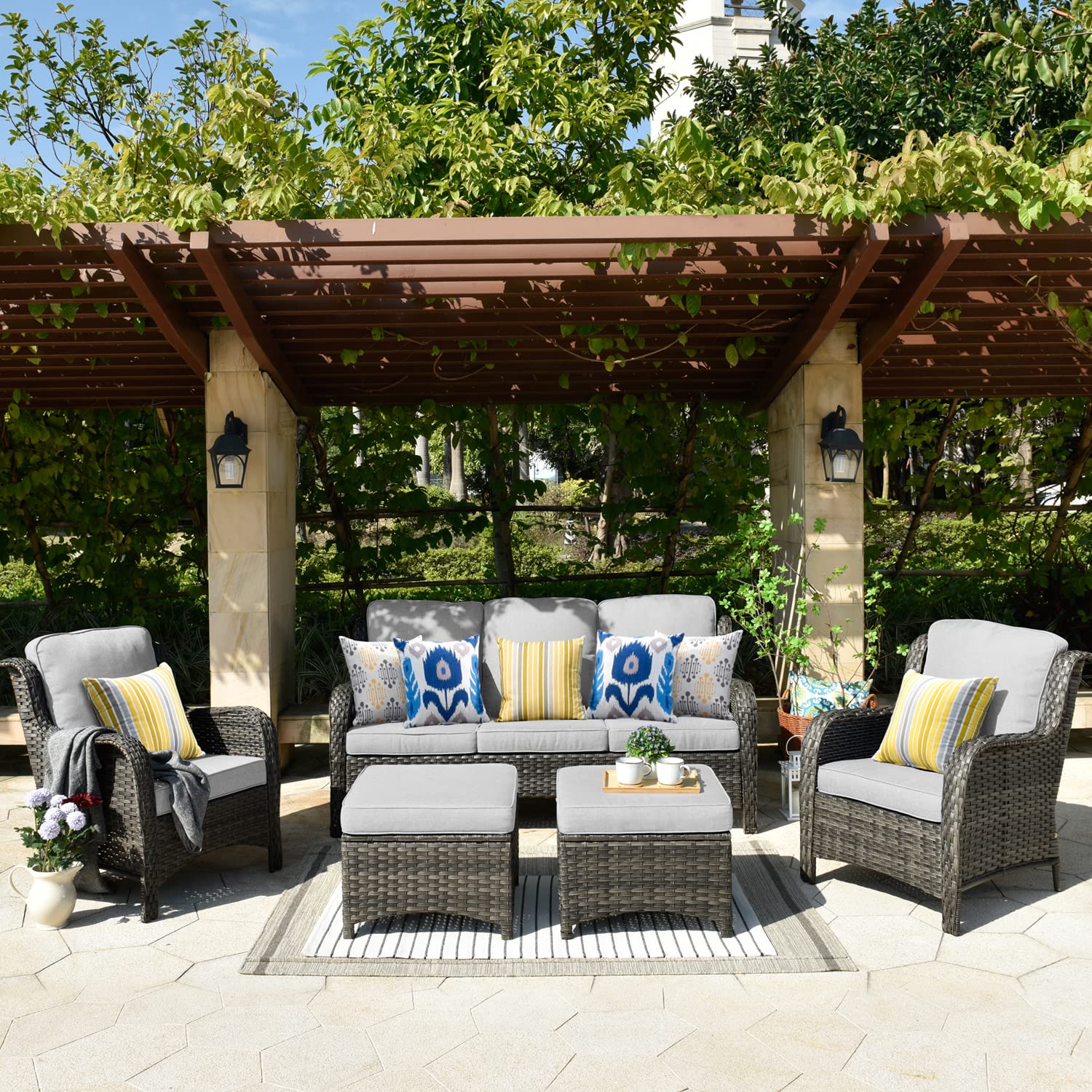 Modern Grey Rectangular Patio Furniture Set - Waterproof Outdoor Rattan Sofa Set with Cushions for Garden, Backyard, Poolside & Balcony Relaxation