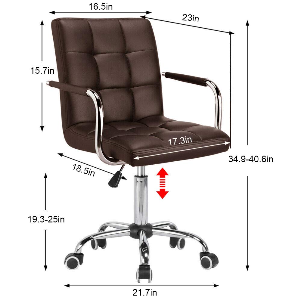 Modern Mid-Back Ribbed PU Leather Office Chair - Adjustable Executive Desk Chair with Wheels & Armrests for Home, Office, Kitchen Counter or Bar Use (Brown) - Ergonomic Computer Chair for Comfortable Working & Studying
