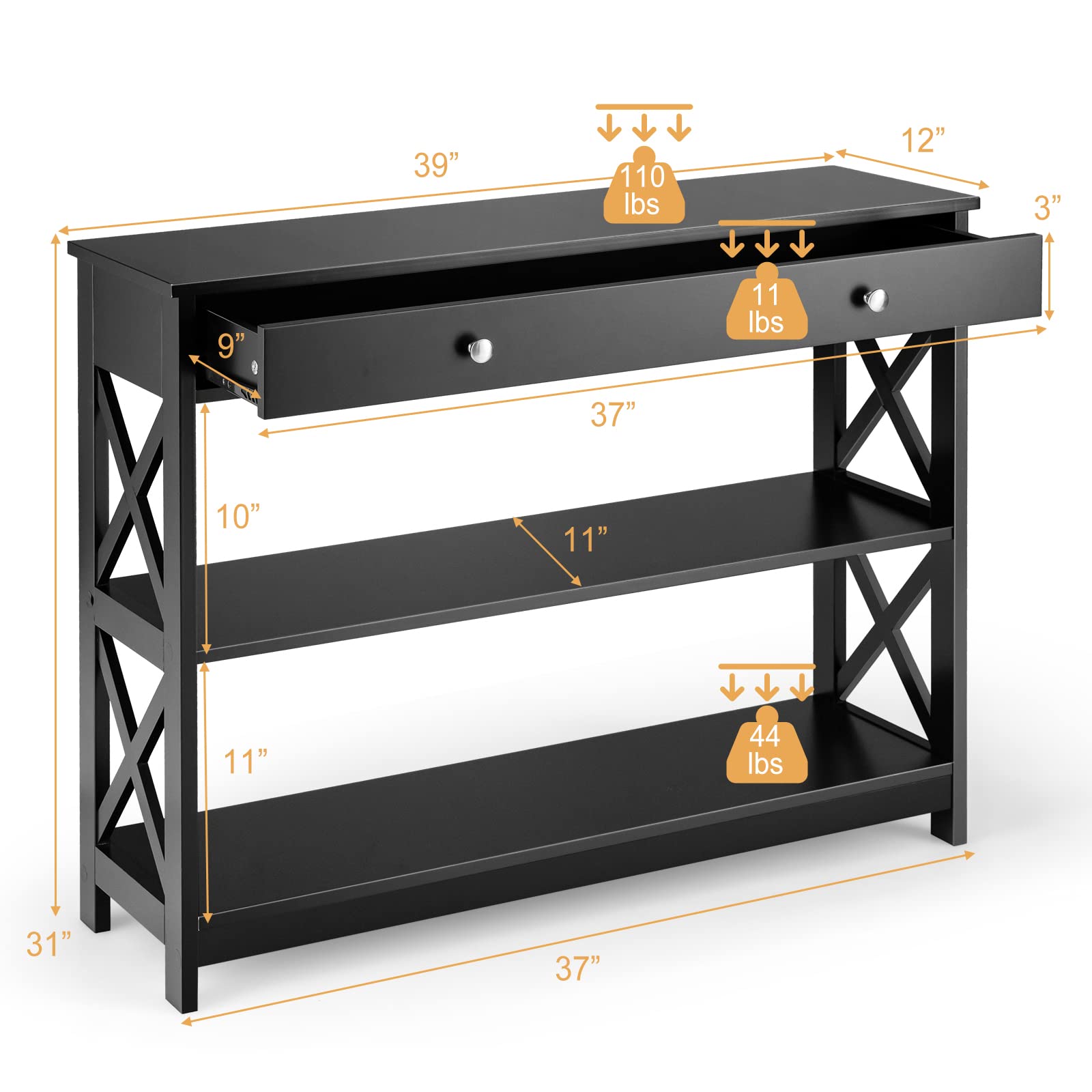 Giantex 3-Tier Console Table with Drawer & Storage Shelves - X-Design Entryway Table for Hallway, Living Room & Bedroom - Sturdy Sofa Side Table (Black) | Perfect for Small Spaces, Apartment Decor & Home Organization