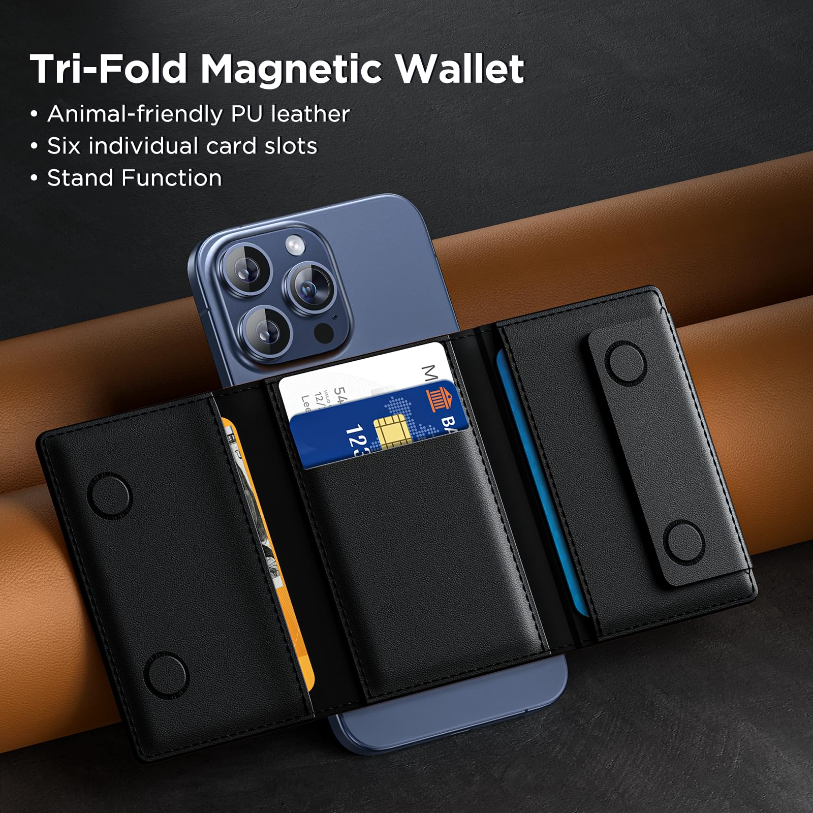 Magnetic Wallet for iPhone 16/15/14/13/12 Series - Slim 0.5 Inch Card Holder with Stand for Men & Women | Compatible with MagSafe | Holds 4+ Cards (Black) - Perfect for Everyday Carry, Travel & Contactless Payments