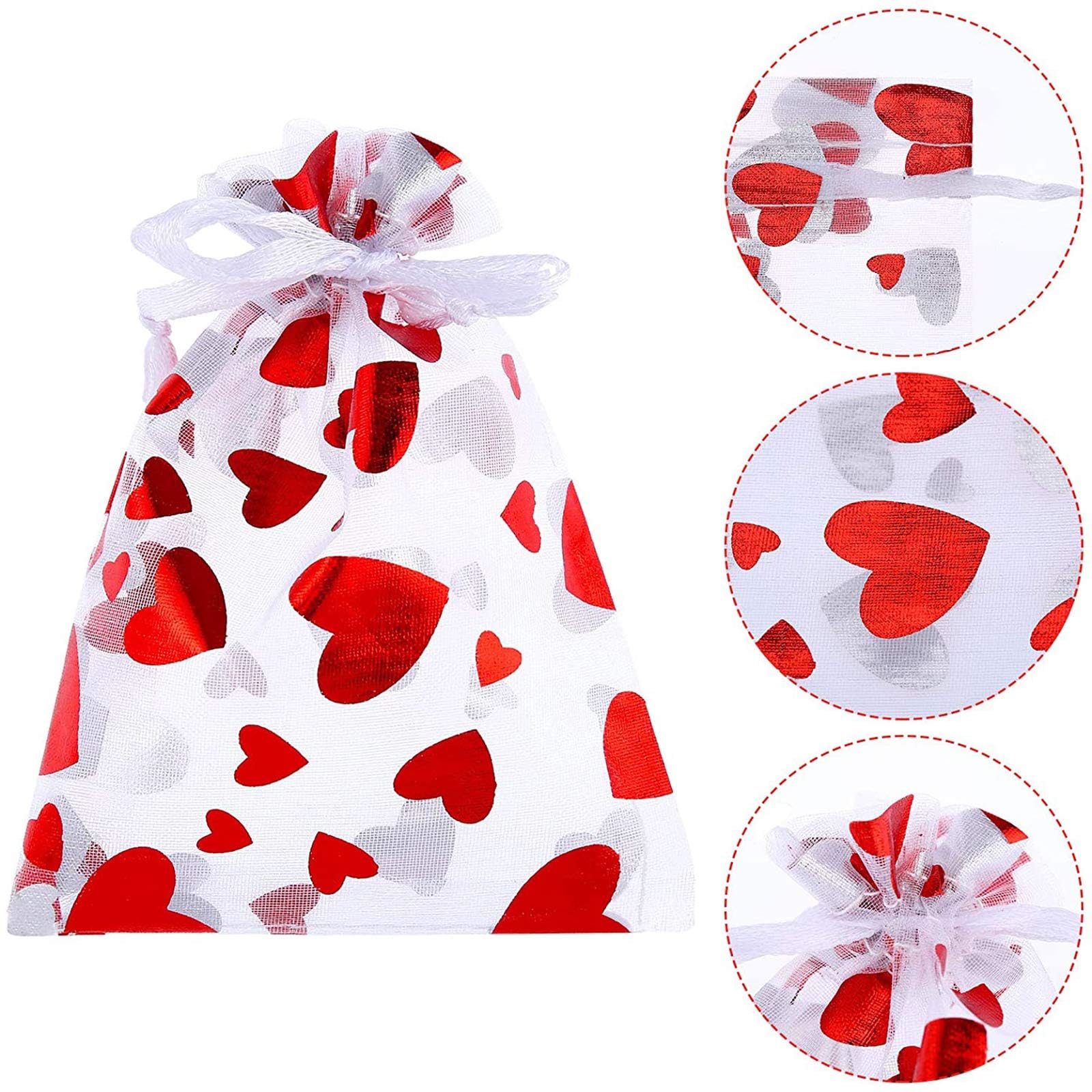 50pcs Valentine's Day Heart Drawstring Candy Bags - Red Gift Pouches with Wrapping Paper for Valentine's Party Favors, Wedding Favors & Birthday Party Supplies