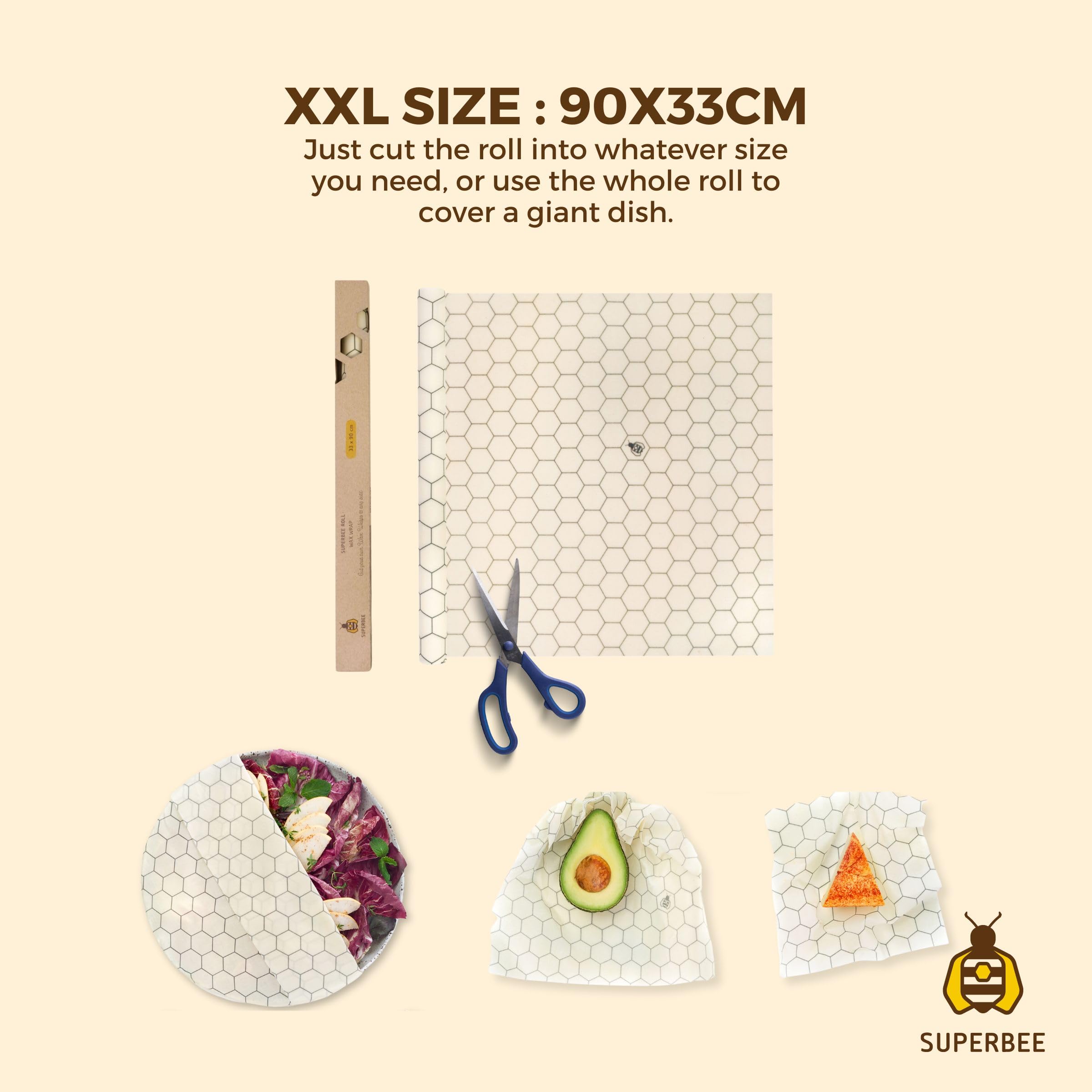 SUPERBEE XL Beeswax Wrap Roll - Reusable Eco-Friendly Food Wrap for Vegetables, Cheese, Bowls & Sandwiches | Natural Beeswax Food Storage Solution | Perfect for Meal Prep, Picnics & Zero-Waste Kitchens (35x13 Inch Hexagon Pattern)
