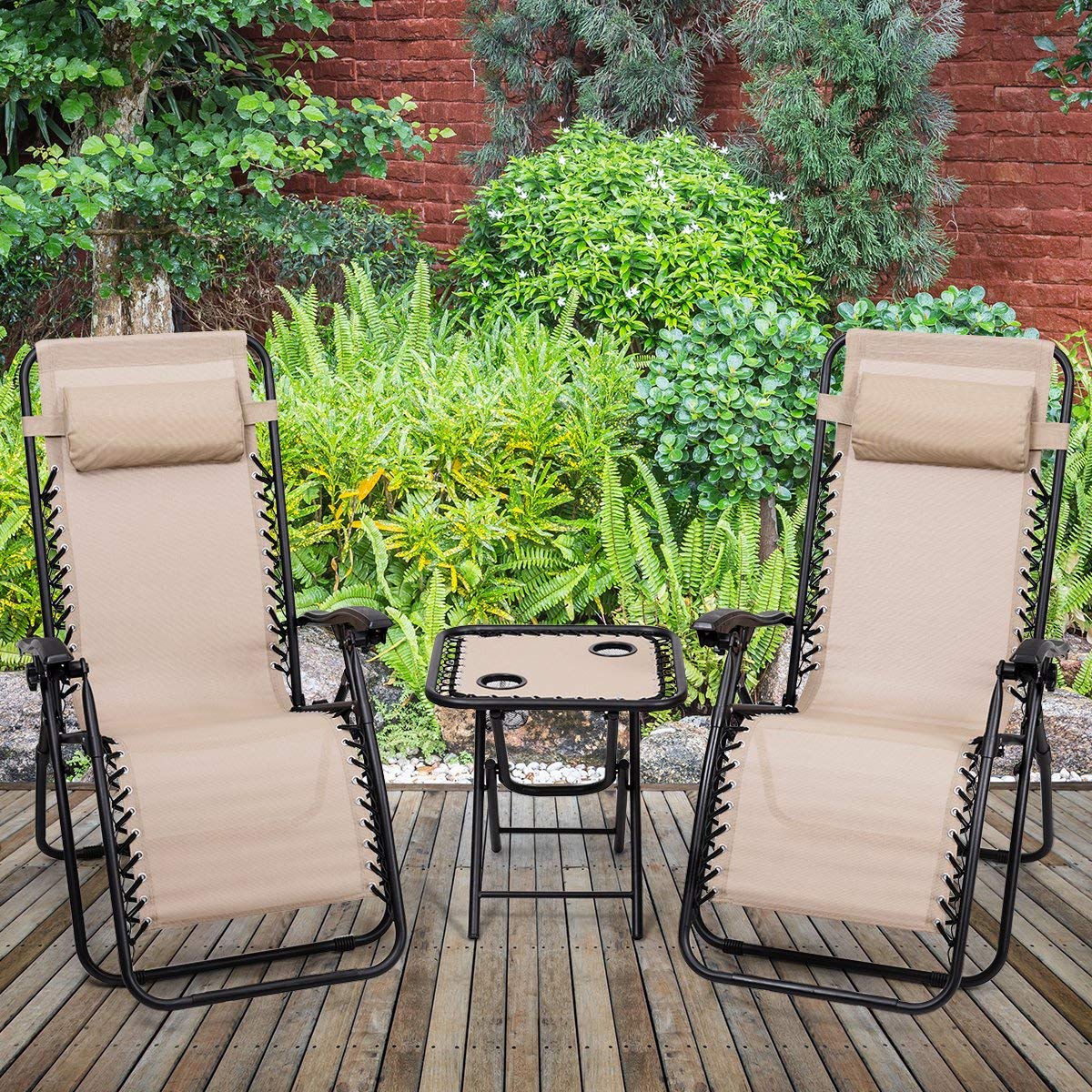 3 PCS Zero Gravity Recliner Lounge Chair Set with Portable Folding Table - Outdoor Patio, Poolside, Garden & Cabin Furniture for Relaxation (Beige) - Perfect for Backyard, Beach Camping & Picnics