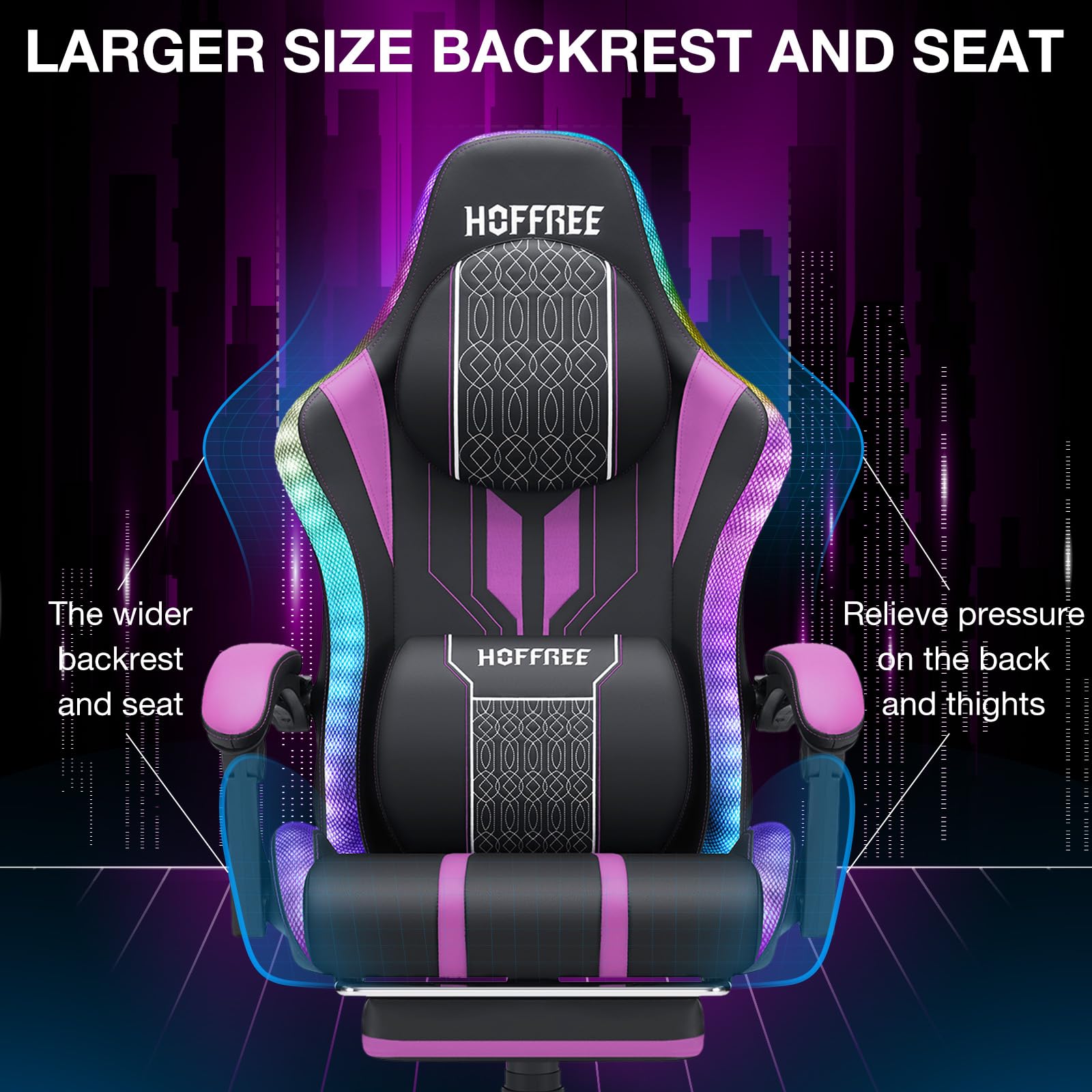 HOFFREE LED Gaming Chair with Massage & Speakers - Big and Tall Ergonomic Video Game Chair for Adults, 400lbs Capacity, Reclining High Back Office Computer Desk Chair with Footrest - Purple & Black - Perfect for Gaming, Streaming, and Home Office Workspace