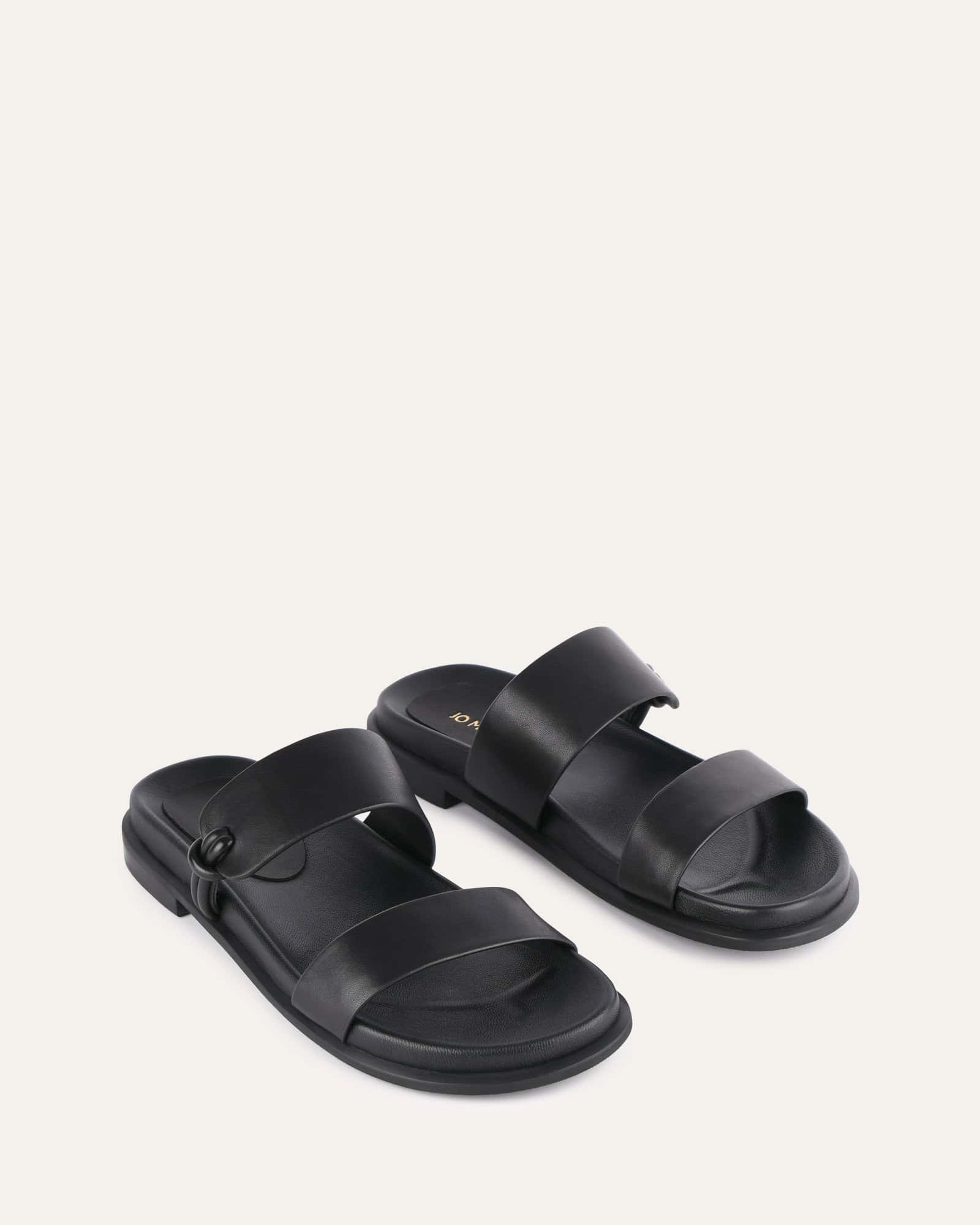 HAYES Women's Flat Sandals - Black Leather Comfortable Slip-On Casual Shoes for Summer, Beach, and Walking