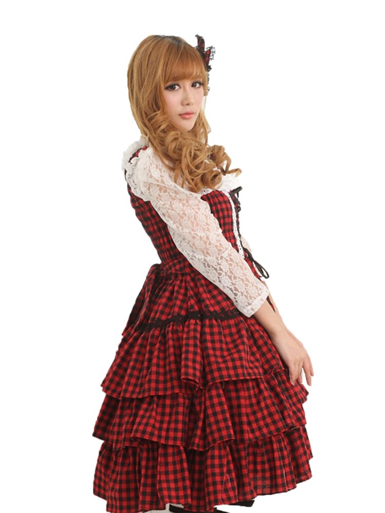 Elegant Women's Red Polyester Checkered Pleated Lolita Dress - Vintage-Inspired Ruffle Cake Princess Style for Cosplay, Tea Parties & Special Occasions