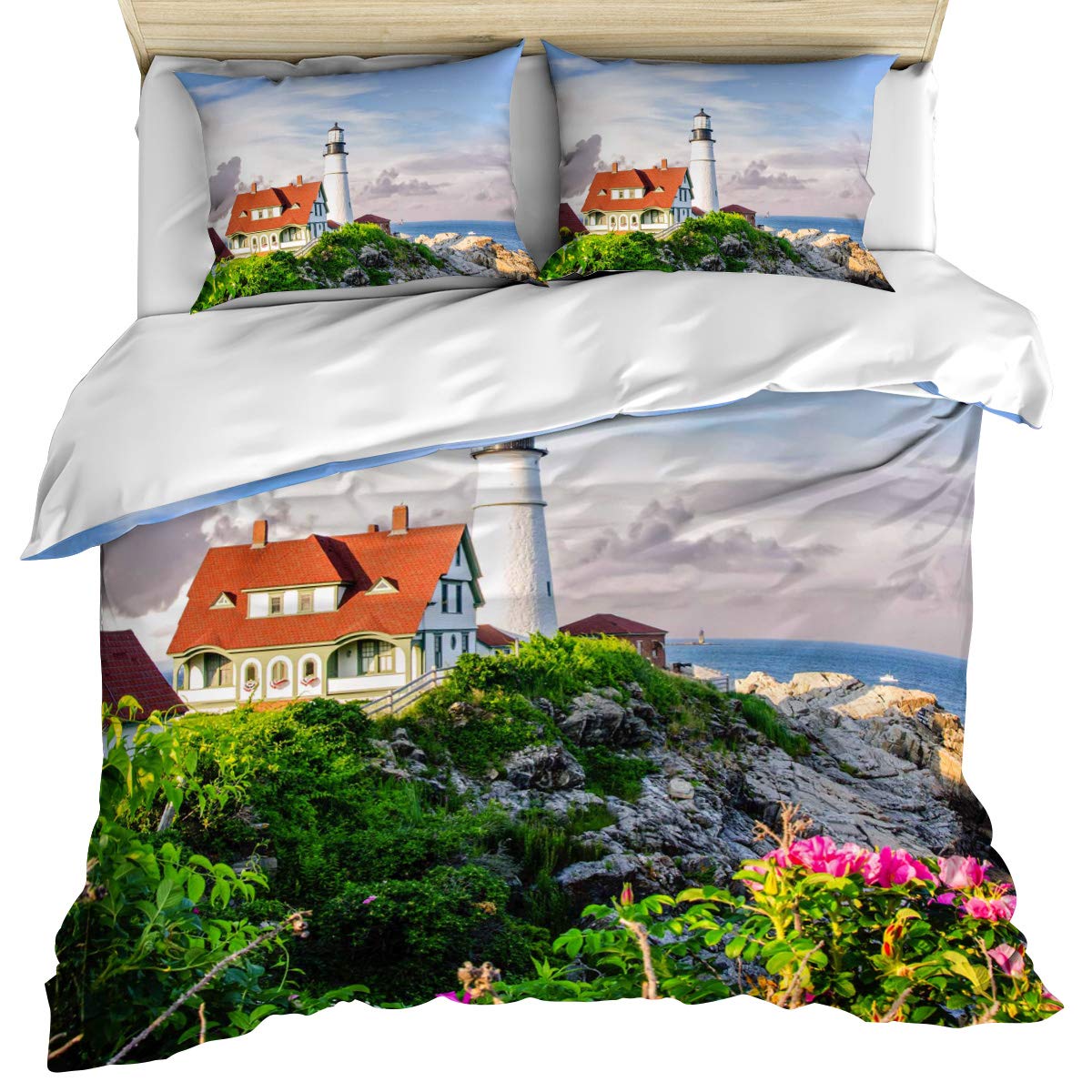 Luxury Queen Size Duvet Cover Set - 3 Piece Lighthouse Ocean Island Design Bedding with Pillow Shams | Soft 100% Cotton Nature Landscape Quilt Cover for Bedroom | Machine Washable & Wrinkle Resistant | Perfect for Coastal Themed Decor, Guest Rooms & Vacation Homes