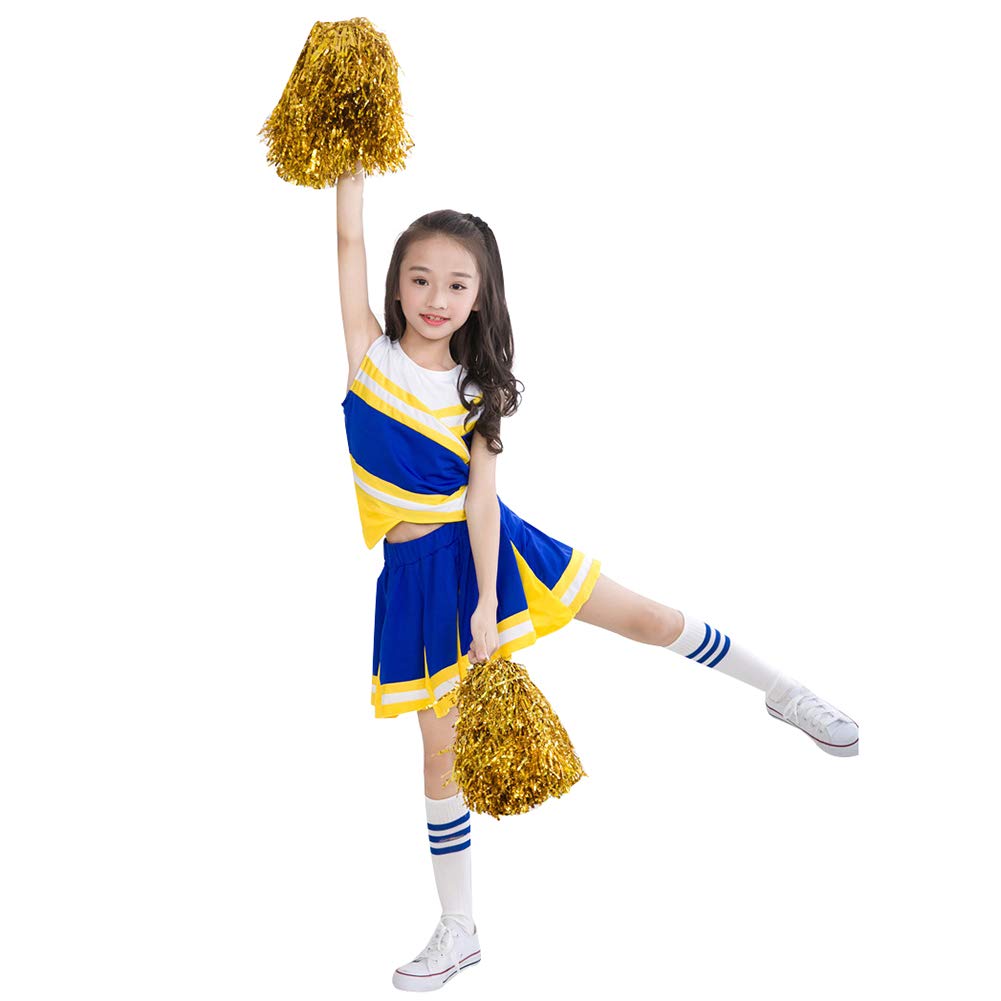Kids Girls Cheerleading Costume Set - 2 Piece High School Cheerleader Uniform Dress with Stockings & Pom Poms for Dance Team Performance, Cheer Competition, Halloween Costume and Sports Events