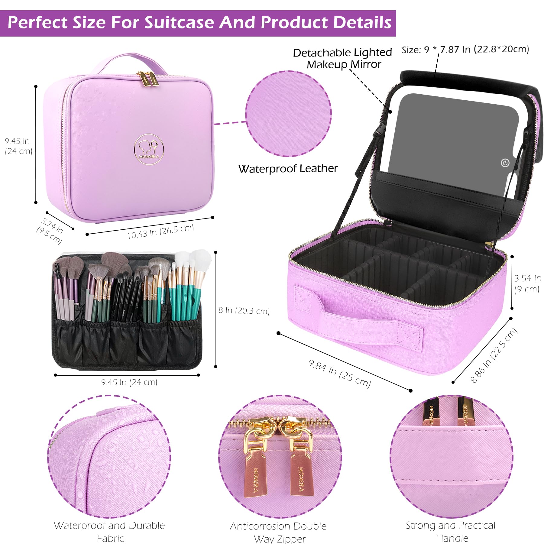 MOMIRA Travel Makeup Bag with LED Mirror - 3 Adjustable Brightness Levels, Waterproof Cosmetic Organizer Case for Women (Purple) | Perfect for Travel, Home Vanity & On-the-Go Touchups