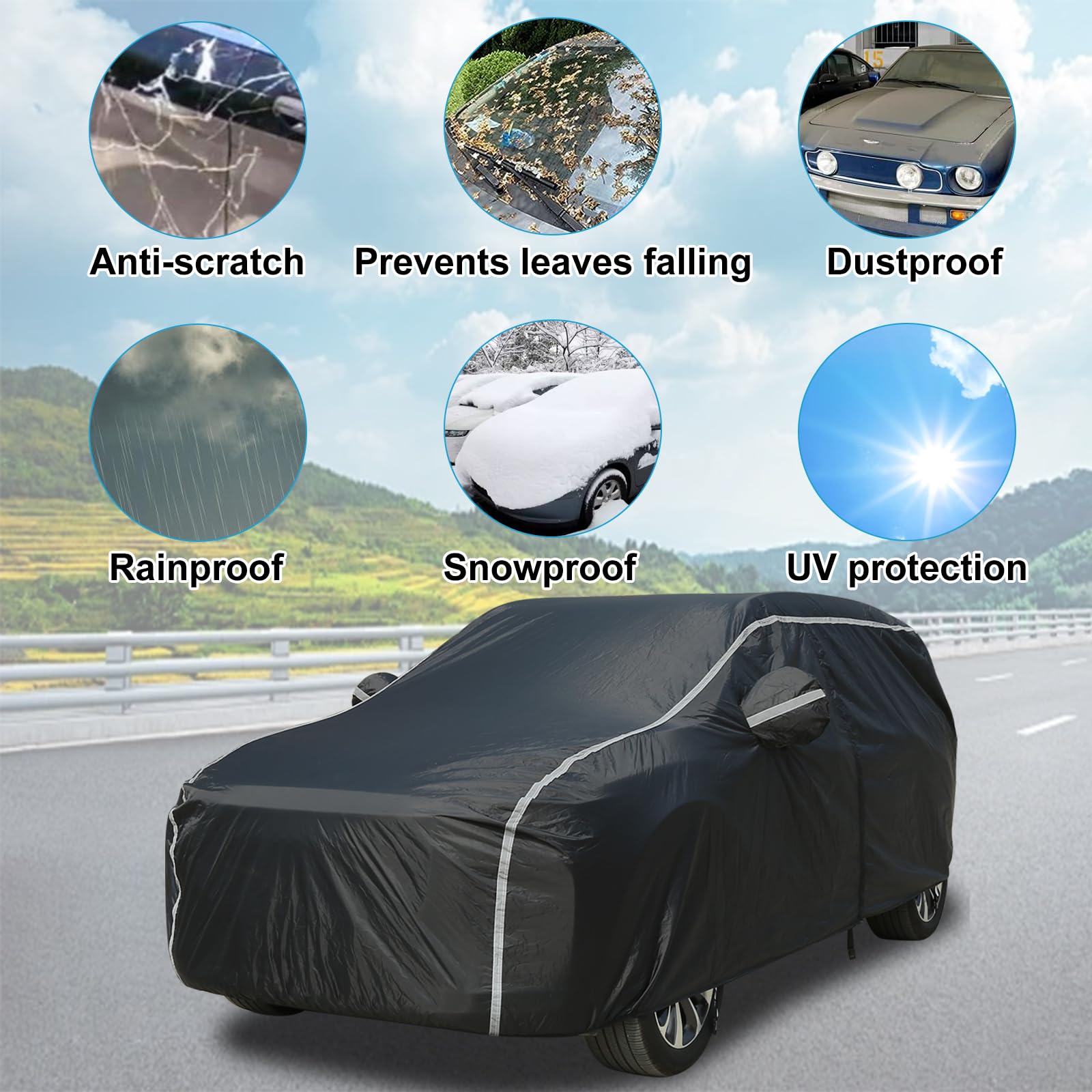 Waterproof All-Weather Car Cover with Soft Cotton Lining & Zipper Door - UV, Rain, Snow & Hail Protection for SUV, Truck, Automobiles (170