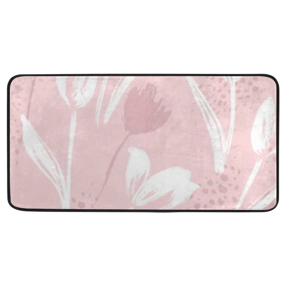 Non-Slip Soft Plush Memory Foam Kitchen Rug - Abstract Floral Tulips Pink Bathroom Mat, Extra-Thick Machine Washable Floor Rug (39x20 Inch) - Perfect for Kitchen, Bathroom, Laundry Room & Entryway Decor