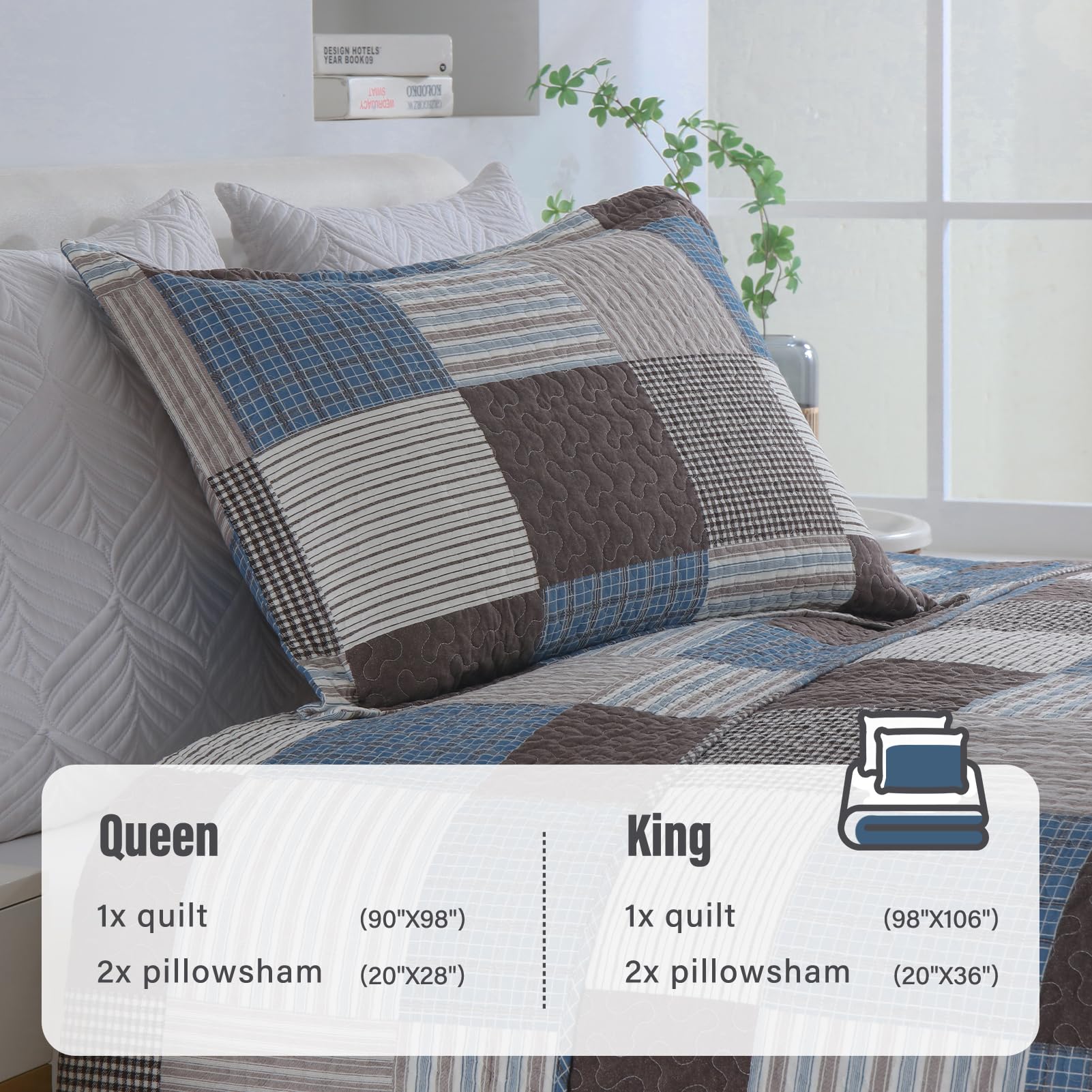Y-PLWOMEN 100% Cotton Plaid Quilt Set Queen Size - Farmhouse Style Lightweight Breathable Bedspread with 2 Pillow Shams, Blue Brown (90x98 Inches) for Cozy Bedroom Decor & Guest Room Essentials