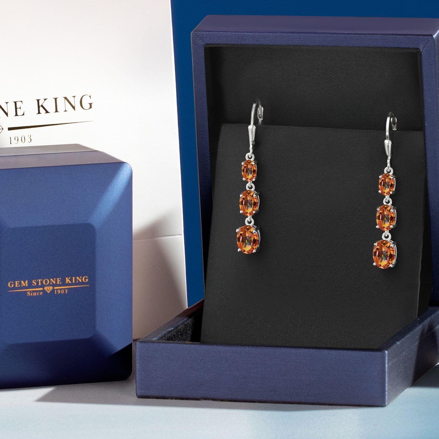 Gem Stone King 3-Stone Leverback Drop Dangle Earrings for Women - 925 Sterling Silver Birthstone Jewelry | Oval 8x6mm, 7x5mm & 6x4mm Gemstones | Elegant Gift for Mom, Wife, Her | Perfect for Weddings, Anniversaries & Special Occasions