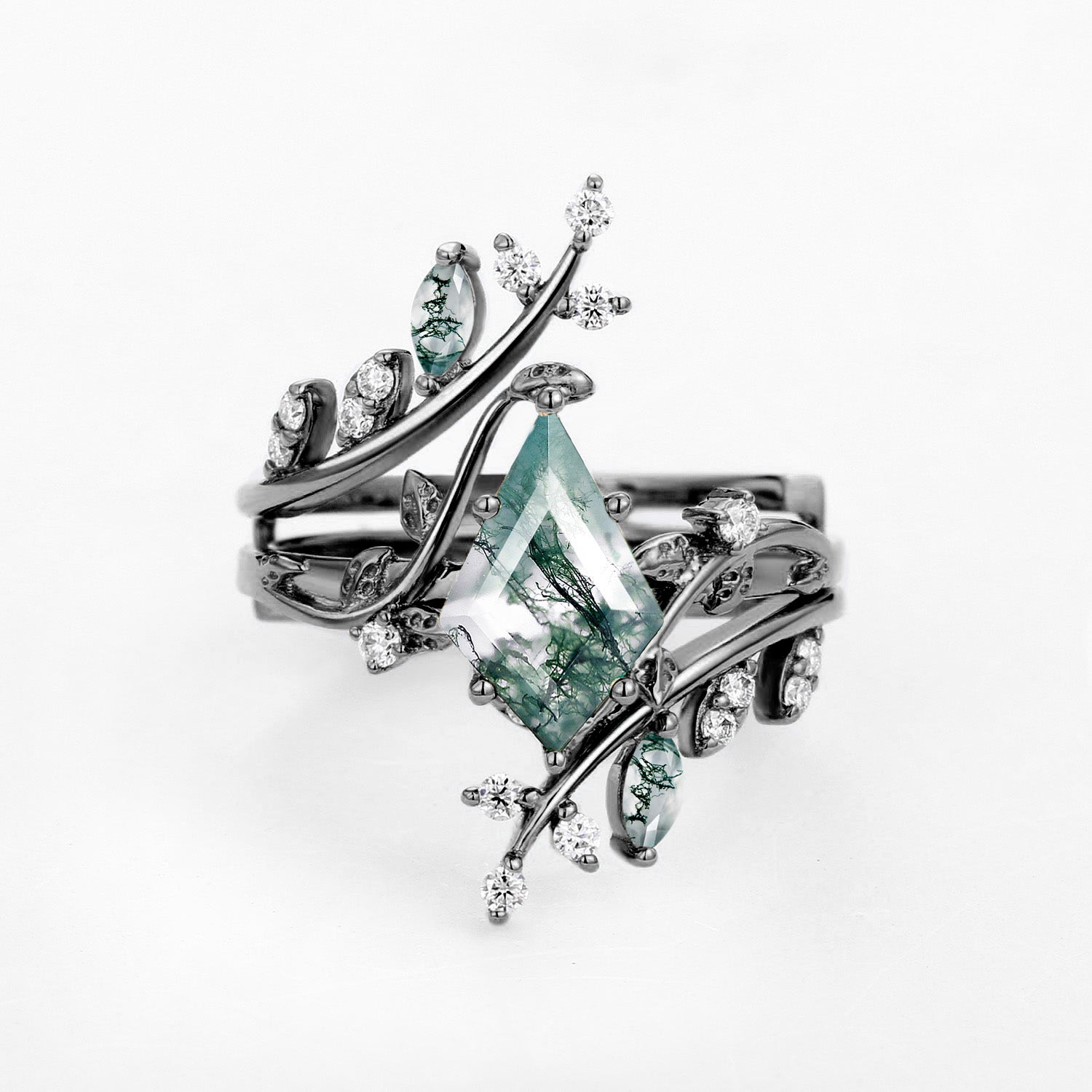 Black Gold Kite Cut Moss Agate Cage Ring Set - Nature Inspired Jewelry for Women - Perfect for Weddings, Parties & Everyday Elegance