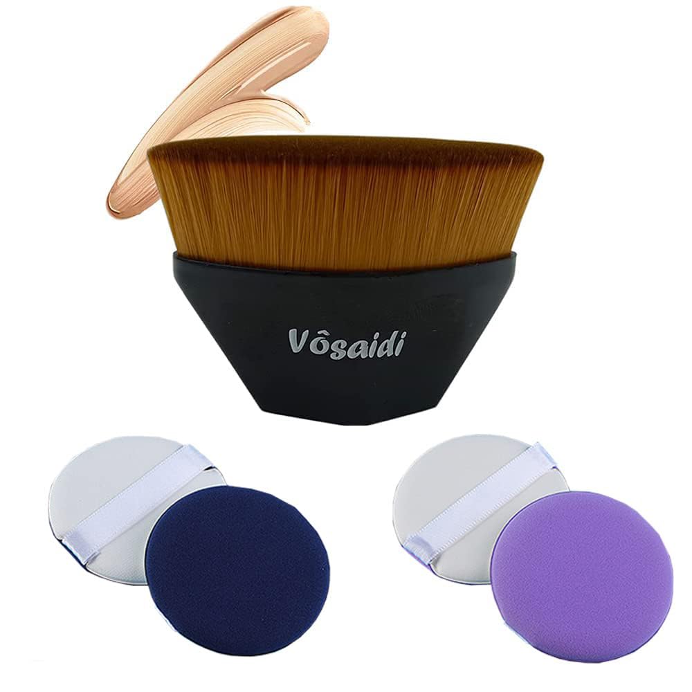 **Premium Flat Top Kabuki Foundation Brush Set with 4 Makeup Sponges - Ideal for Liquid, Cream & Powder Blending - Perfect for Flawless Makeup Application at Home or On-the-Go**