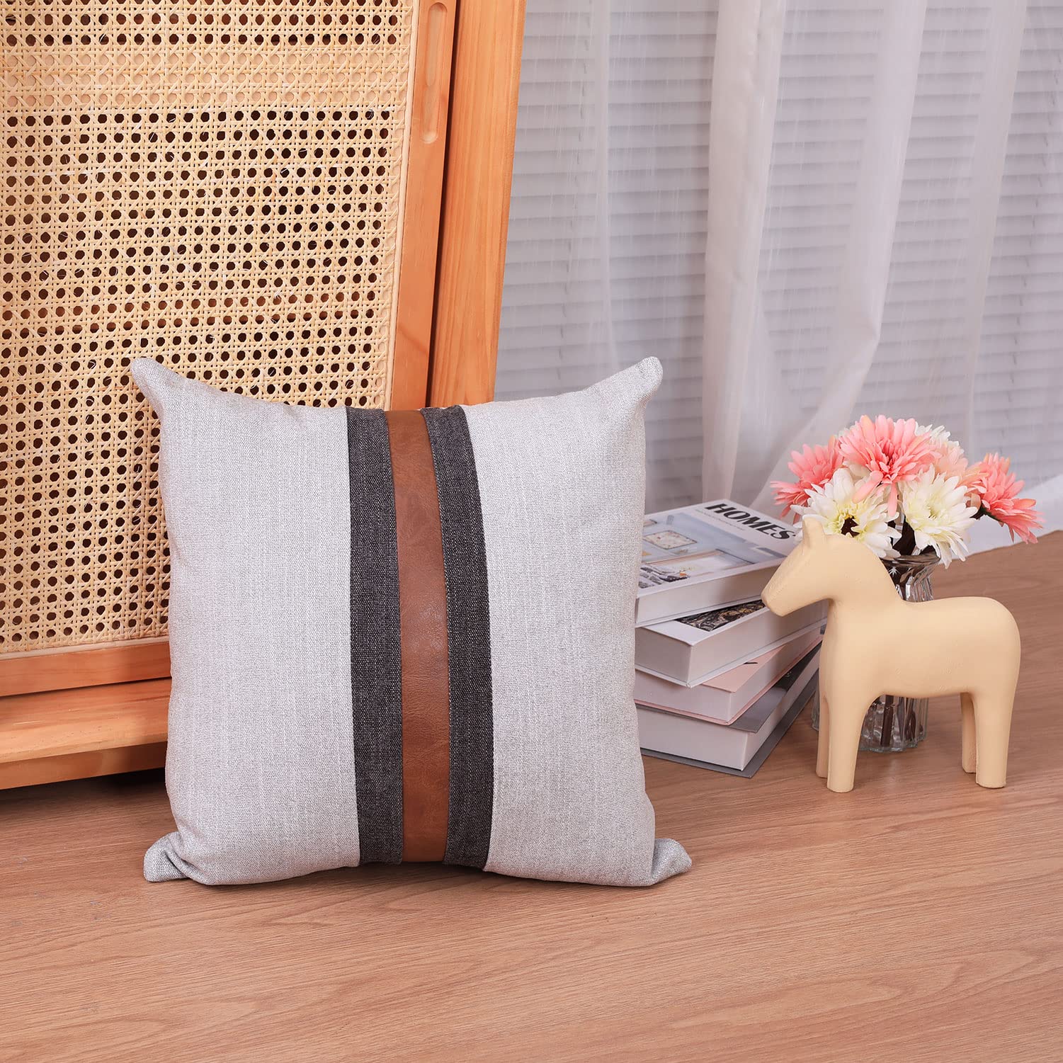 BOYSUM 20x20 Inch Faux Leather Farmhouse Decorative Throw Pillow Covers - Brown & Grey Modern Accent Pillows for Outdoor, Couch, Sofa & Bed - Waterproof & Durable Home Decor for Patio, Living Room & Bedroom