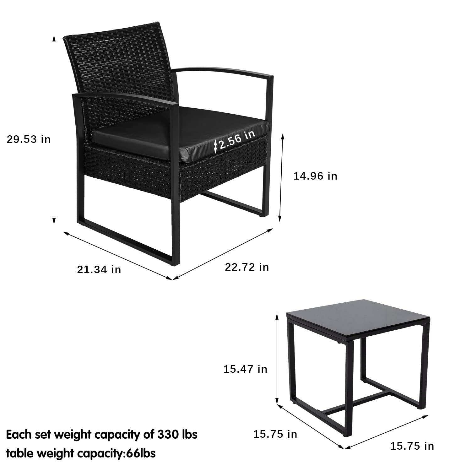 3-Piece PE Rattan Outdoor Patio Furniture Set - Modern Wicker Bistro Table & Chairs with Black Cushions for Front Porch, Balcony, Garden - Perfect for Small Spaces, Coffee Breaks & Relaxing Outdoors