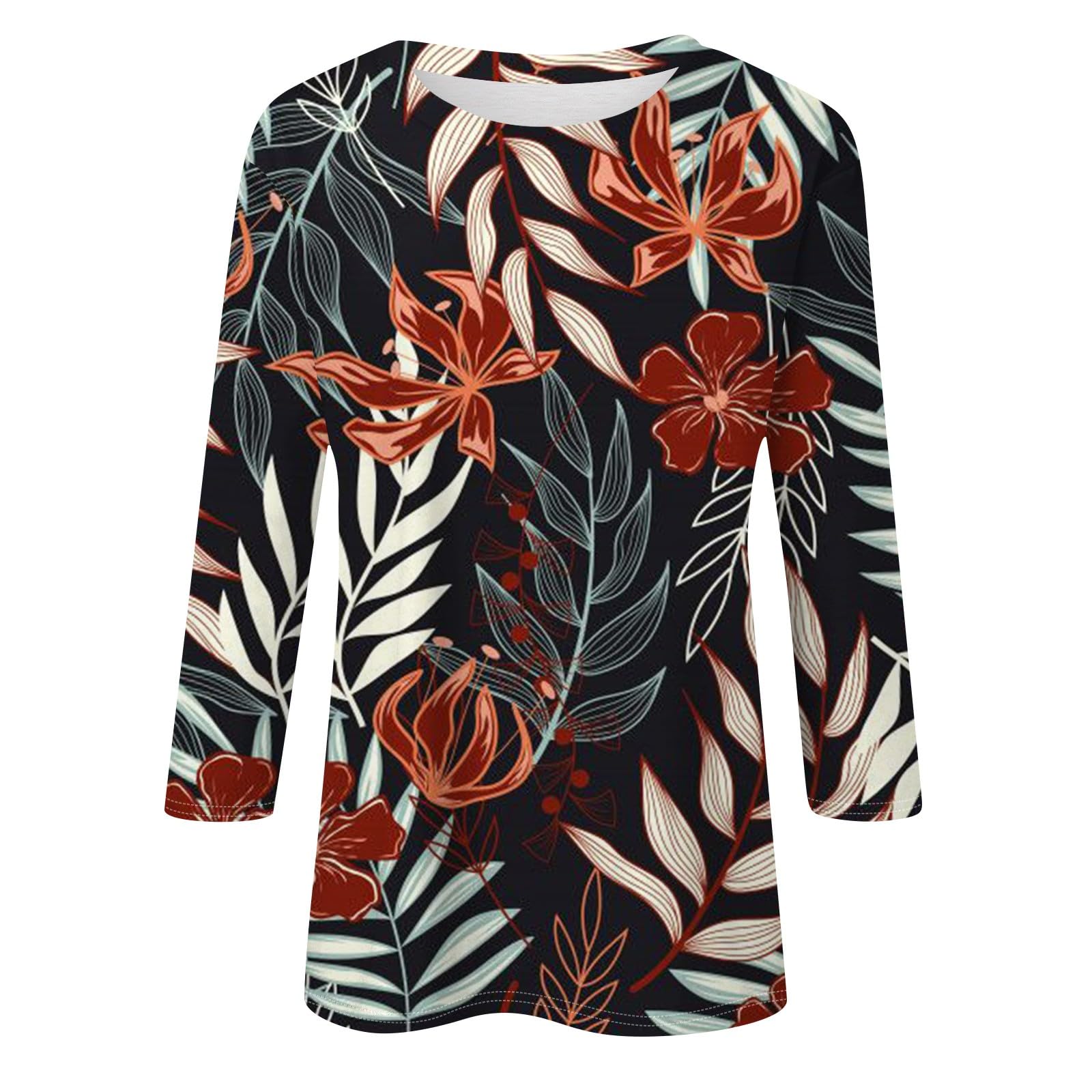 Women's 3/4 Sleeve Loose Hawaiian Shirt - Summer Crewneck Basic Tee Top for Casual Wear, Beach Vacation & Tropical Outfits