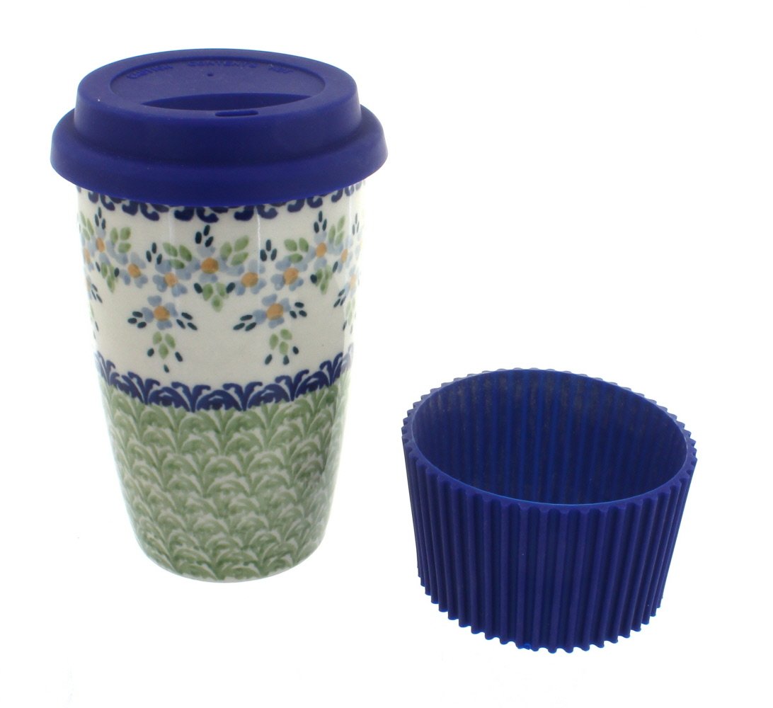 Blue Rose Polish Pottery Summer Vine Travel Coffee Mug - Handmade Ceramic Cup for Hot & Cold Drinks - Perfect for Travel, Office, and Home Use