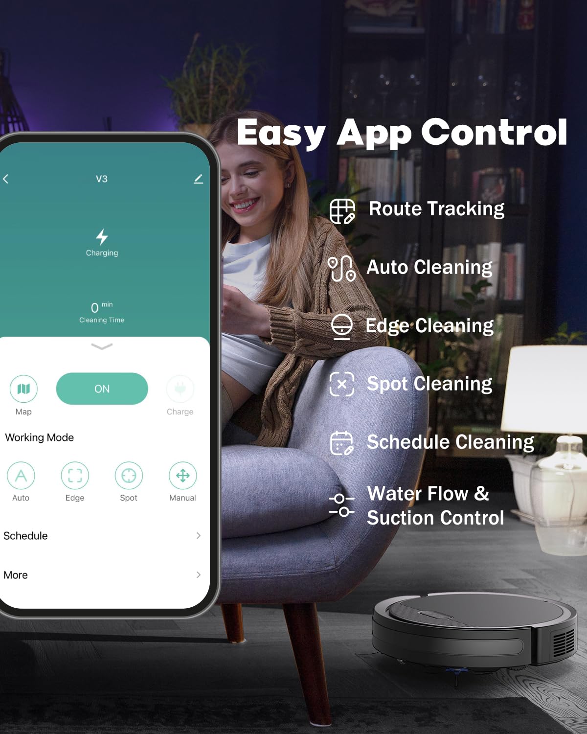 V3 Robot Vacuum and Mop Cleaner - 3-in-1 Self-Charging Robotic Vacuum with 5000Pa Strong Suction, 120 Min Runtime, 2.99