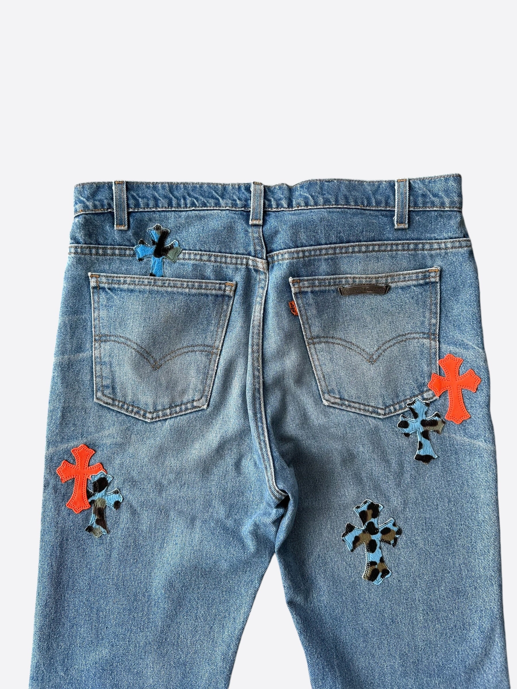 Chrome Hearts x Levi's Exclusive St. Barth Blue & Orange Cross Patch Jeans for Men & Women - Perfect for Streetwear, Casual Outfits, and Fashion Statements