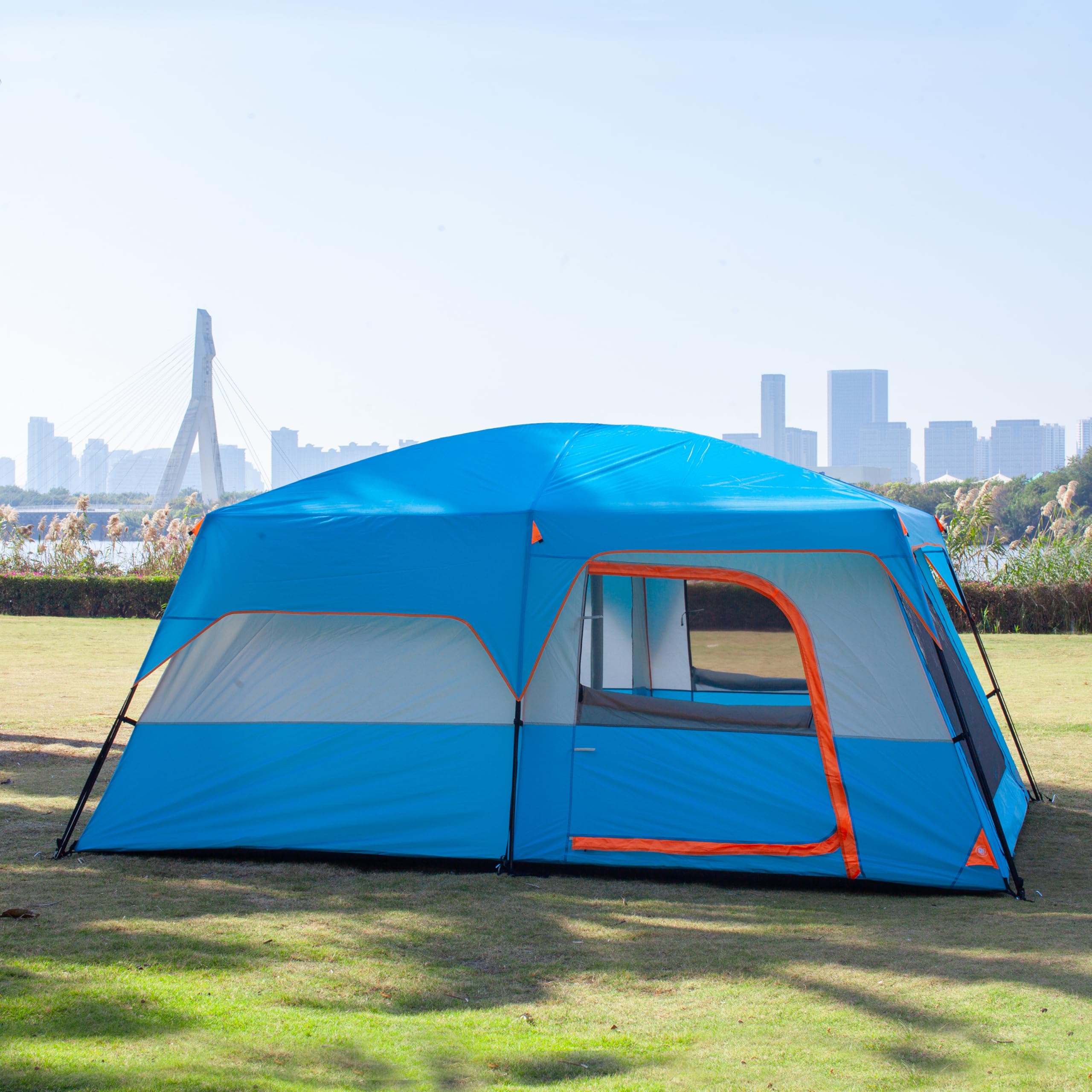 KTT Extra Large Family Cabin Tent for 10-12-14 People (Style B) - 2 Rooms, 3 Doors & 3 Windows with Mesh, Waterproof Double Layer Straight Wall Design - Perfect for Camping, Picnics, Outdoor Adventures & Family Gatherings
