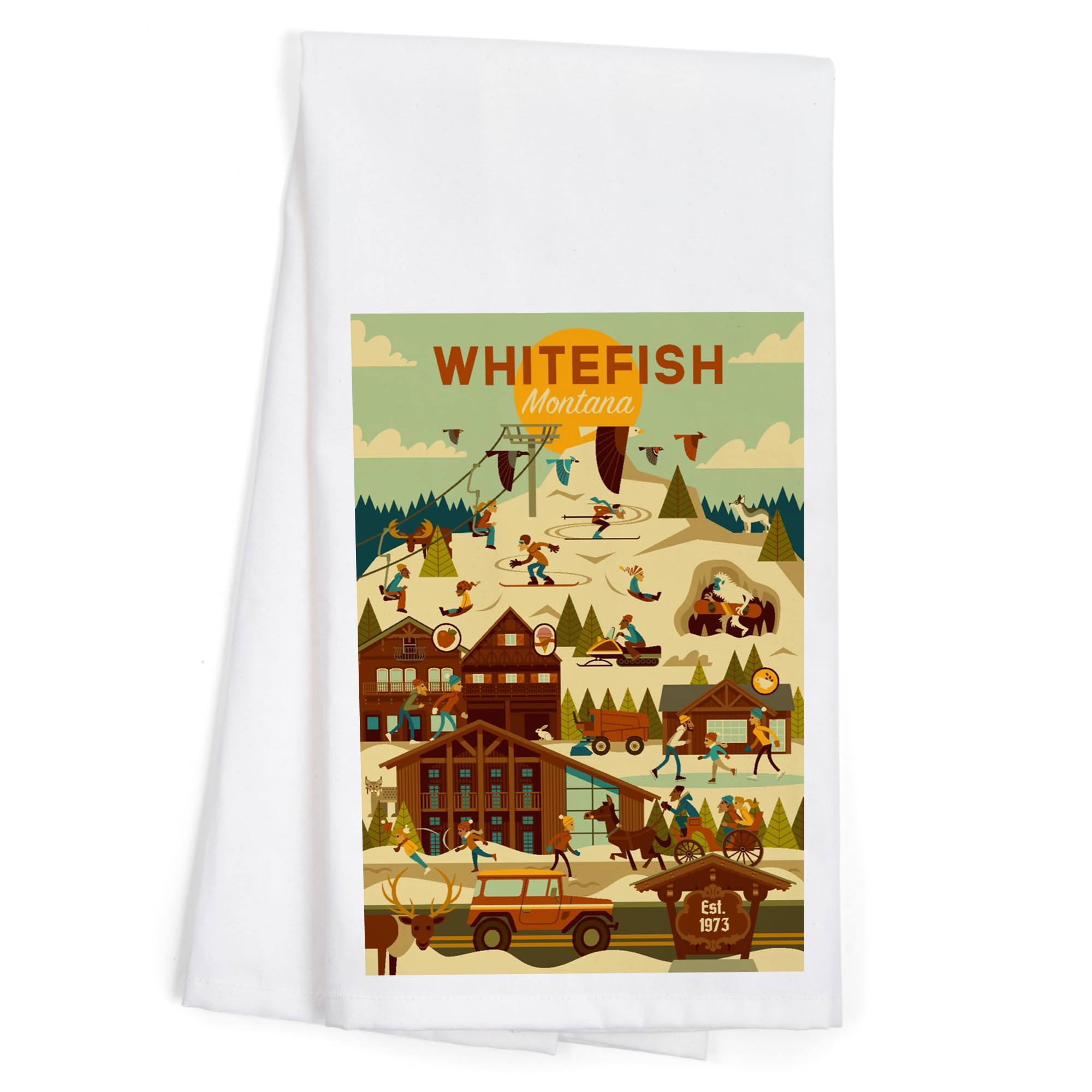 Lantern Press Whitefish Montana Ski Resort Geometric Cotton Tea Towel - 100% Cotton Decorative Hand Towel for Kitchen & Home Decor - Perfect for Drying Dishes, Gift Giving, and Farmhouse Style Decor