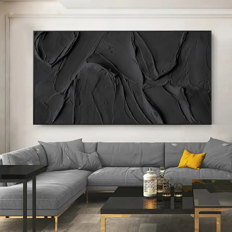 Black Plaster Art Minimalist Textured Painting - Modern Abstract Wall Decor for Living Room, Bedroom & Office | #MZ020