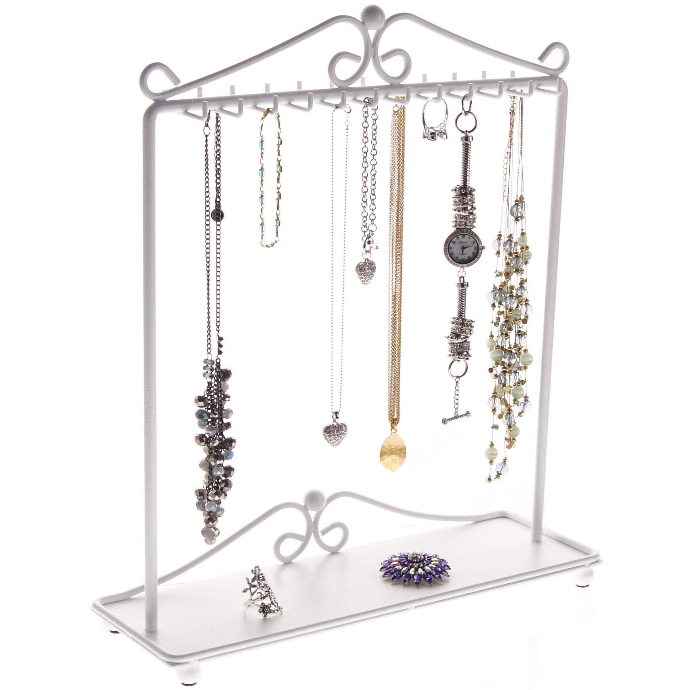 Freestanding Jewelry Organizer Stand - Tall Necklace Holder & Bracelet Display Rack for Long Chains (Calla White) - Perfect for Bedroom Dresser, Closet & Vanity Organization