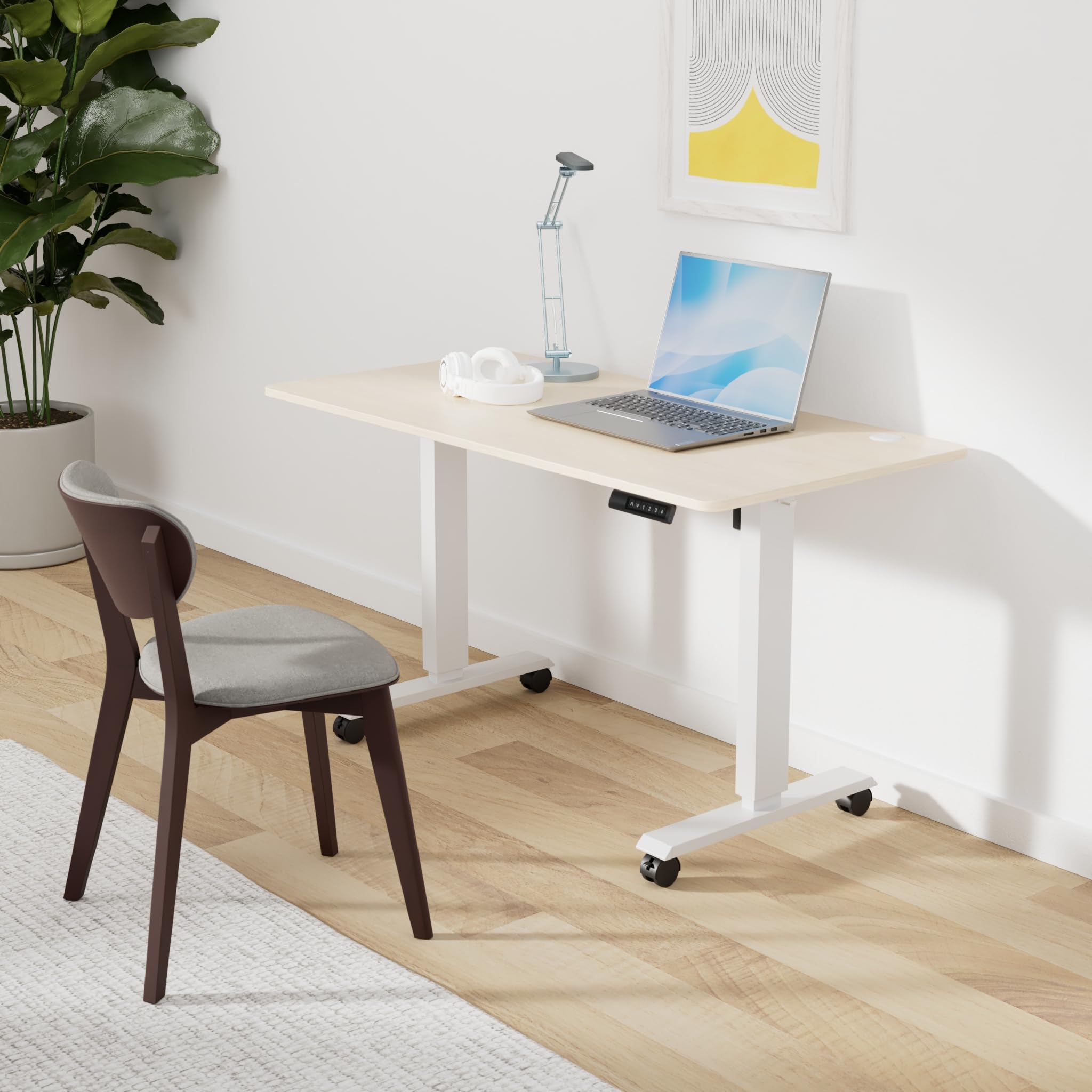 48 x 24 Inches Electric Standing Desk - Adjustable Height Sit Stand Desk with Memory Preset & Wheels, Oak Finish - Perfect for Home Office, Computer Workstation & Ergonomic Workspace Setup