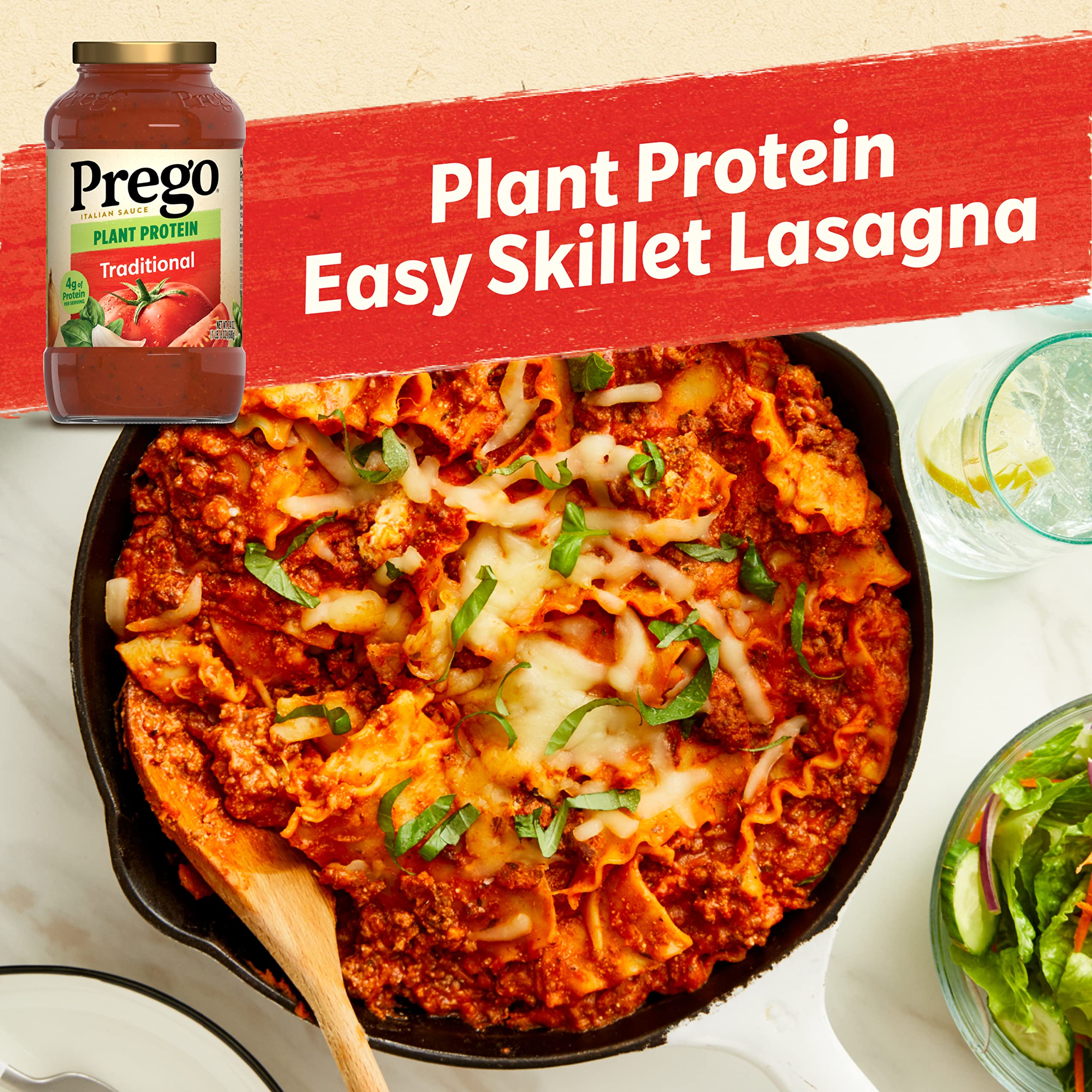 Prego Plant Protein Traditional Pasta Sauce - Vegan, Gluten-Free, 24 Oz Jar (Pack of 6) | High-Protein Meatless Pasta Topping for Italian Dishes, Lasagna & Healthy Family Meals