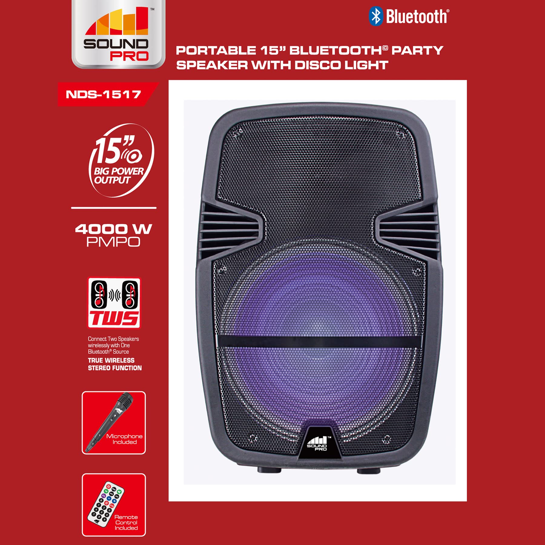 Naxa Electronics NDS-1517 15-inch Portable Bluetooth Party Speaker with Disco Lights - High Power Wireless Speaker for Outdoor Events, Parties, and Home Entertainment (Black)
