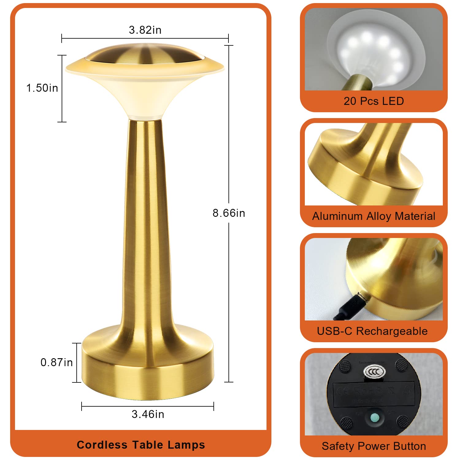 UMEXUS Small Cordless Table Lamp - Rechargeable Battery Operated LED Night Light with Dimmable Touch Control, Portable Ambient Lighting for Bedroom, Restaurant, Bar, Patio, Dining Table - Gold Finish for Warm Home Decor
