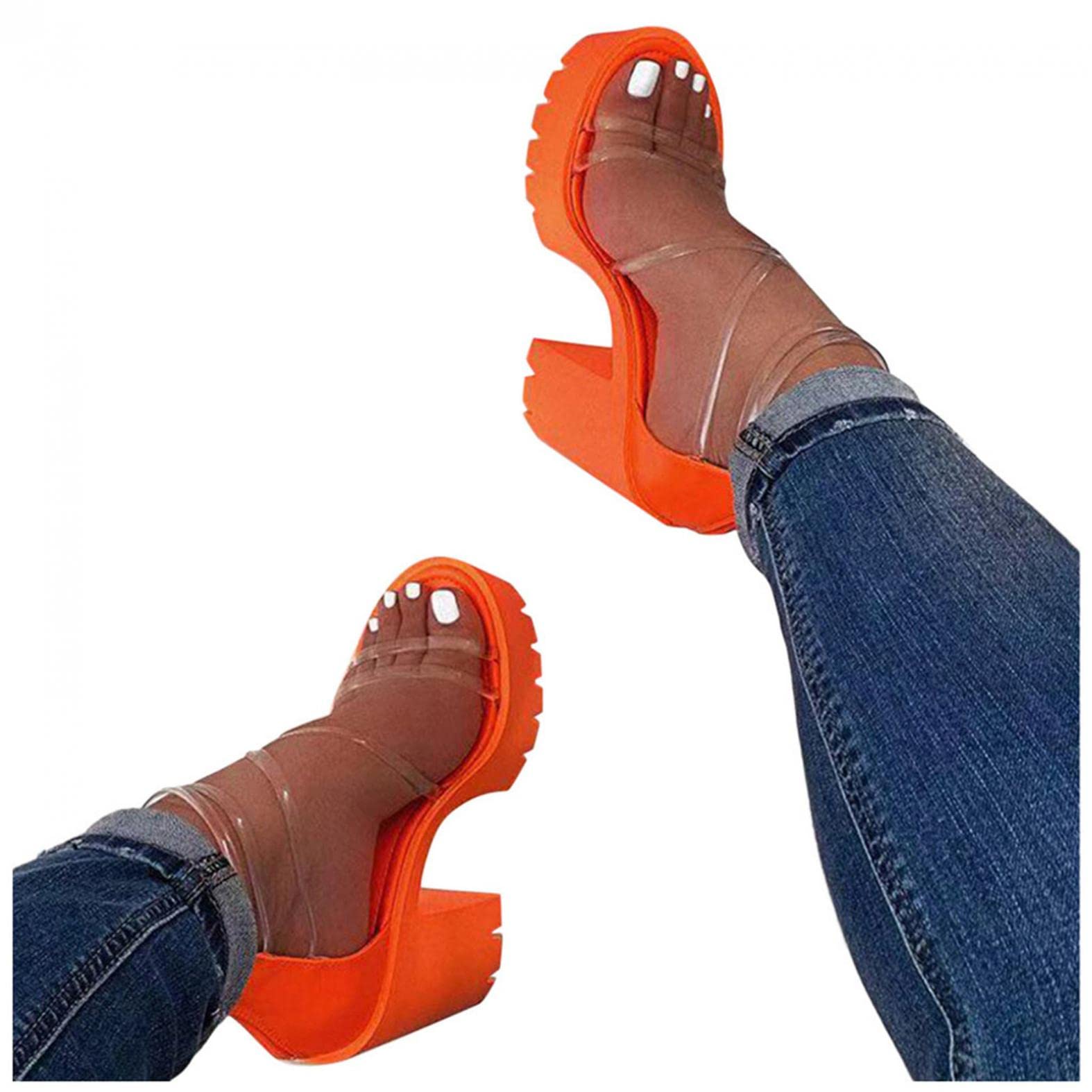 Stylish Women's Wedge Heel Sandals - Clear Chunky High Heels with Zipper & Straps | Summer Dressy Casual Shoes | Waterproof Platform Sandals for Beach, Party & Outdoor Wear | Orange