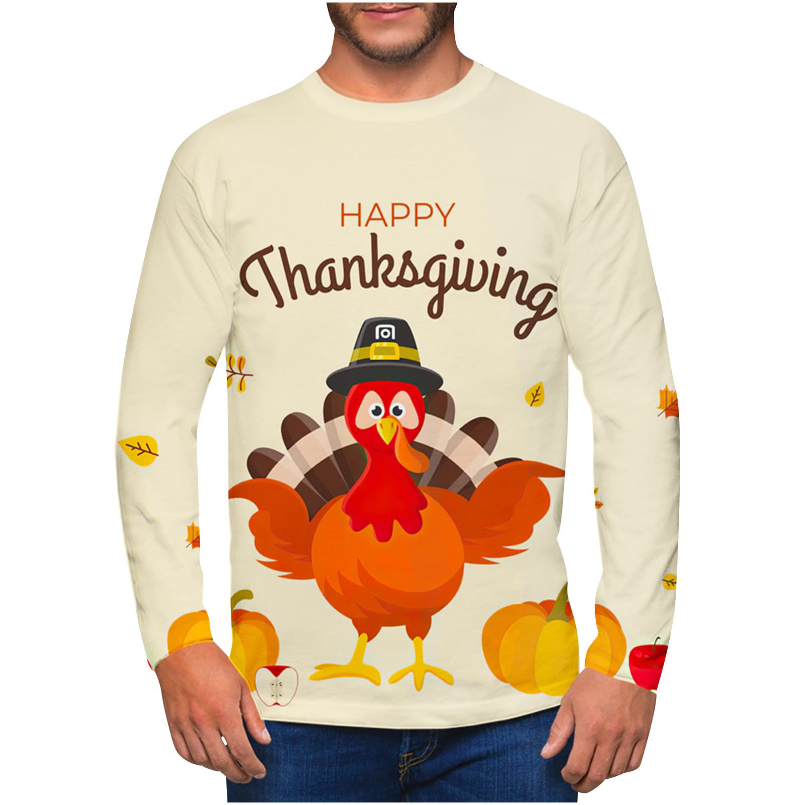 Happy Thanksgiving T-Shirts for Men | Plus Size Long Sleeve Turkey Graphic Tees | Casual Festive Party Shirts | Perfect for Family Gatherings, Friendsgiving & Holiday Celebrations