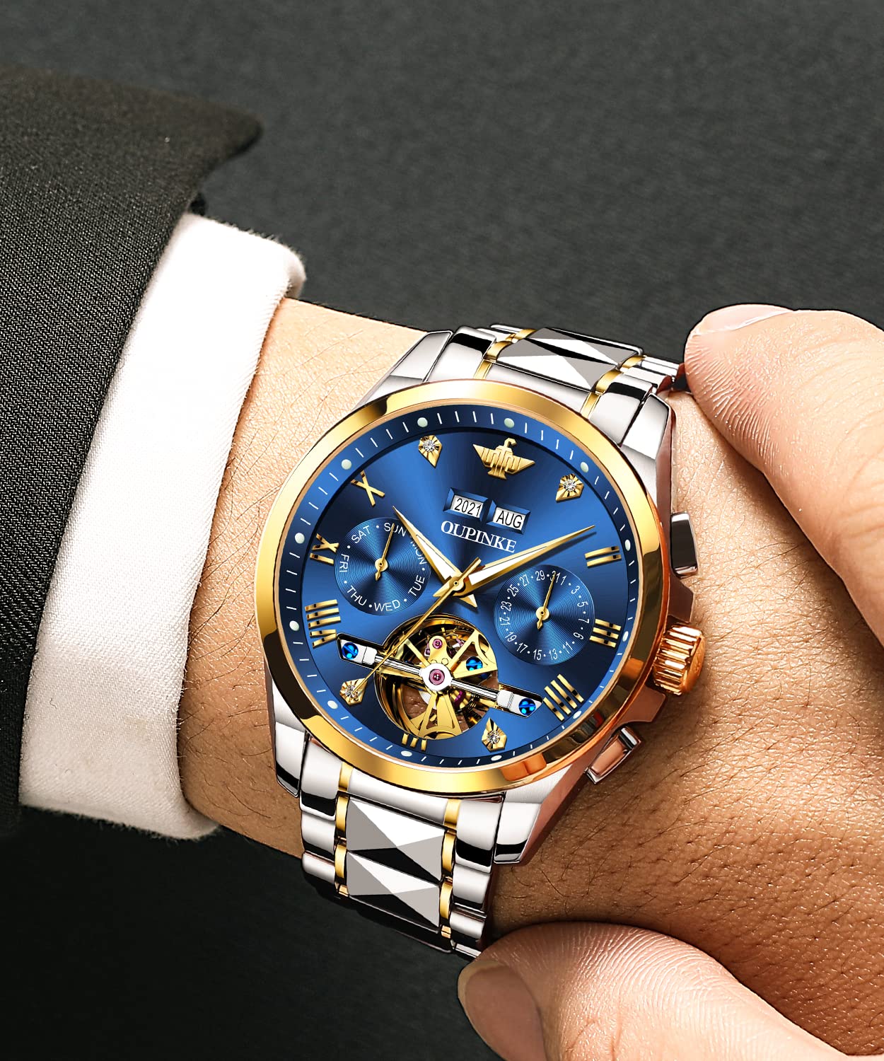 OUPINKE Men's Skeleton Automatic Mechanical Watch with Calendar - Sapphire Crystal, Tungsten Steel, Waterproof (100M) - Luxury Dress & Business Wristwatch for Formal Occasions & Everyday Wear