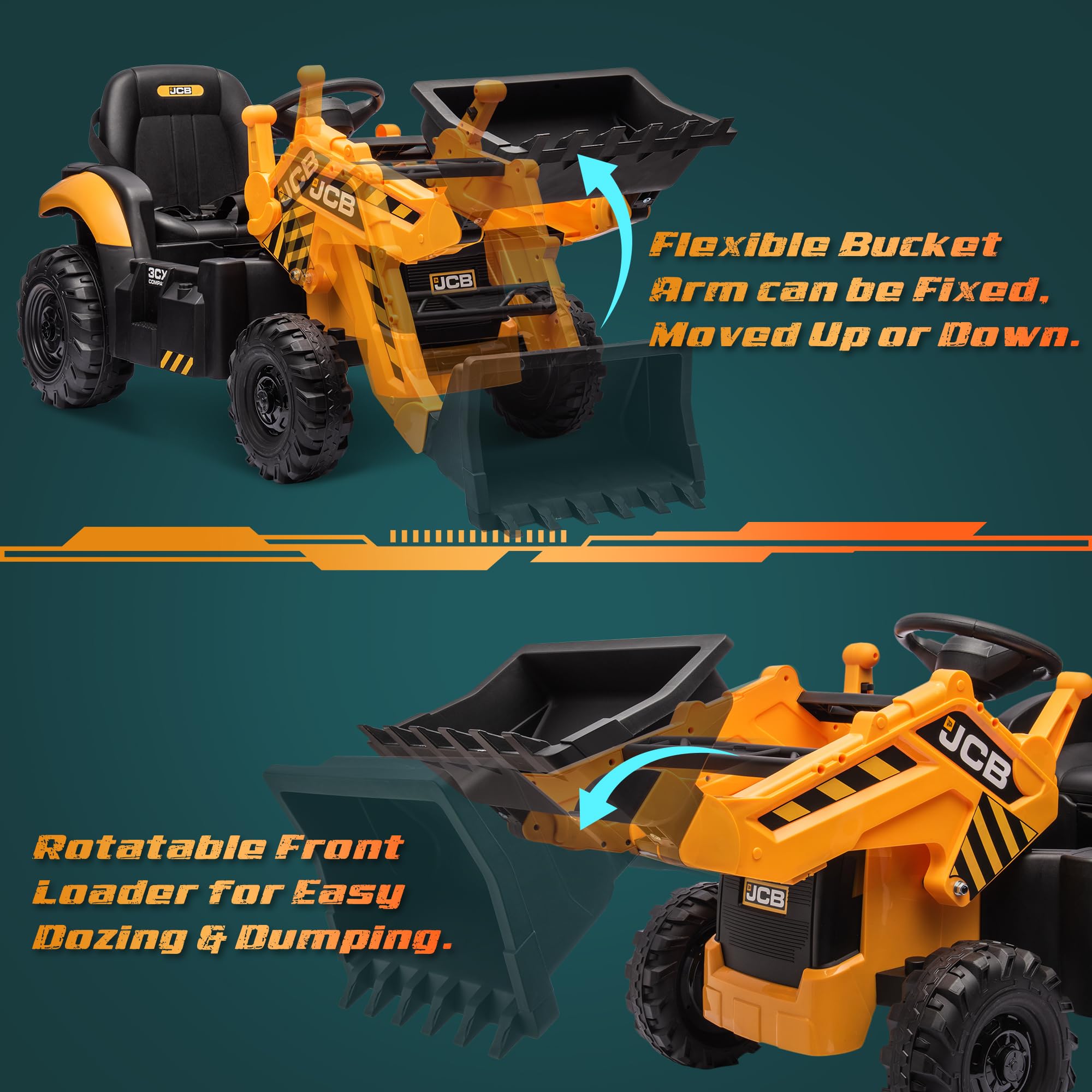 12V JCB Electric Backhoe Loader Toy Car for Kids - Battery Powered Ride-On Construction Vehicle with Front Loader & Excavator, Remote Control, Moving Parts, Adjustable Seat & Soft Start - Perfect for Outdoor Play, Birthday Gifts & Construction Pretend Play