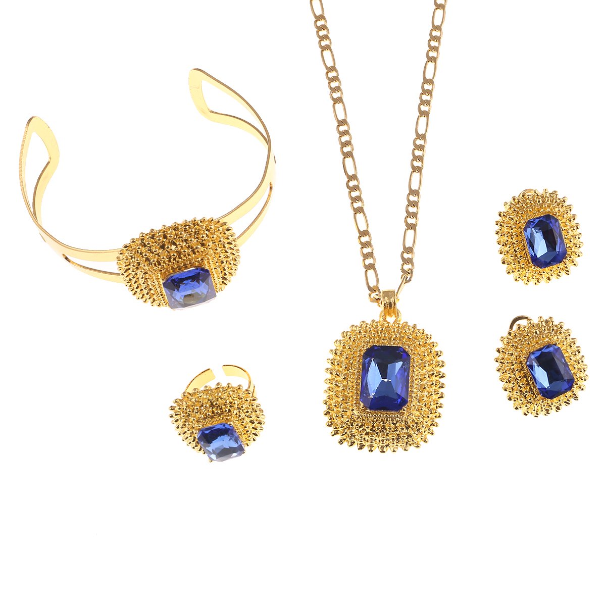 Ethiopian Gold Color Wedding Jewelry Set - Red Blue Green Stone African Habesha Jewelry for Bridal, Anniversary & Special Occasions
