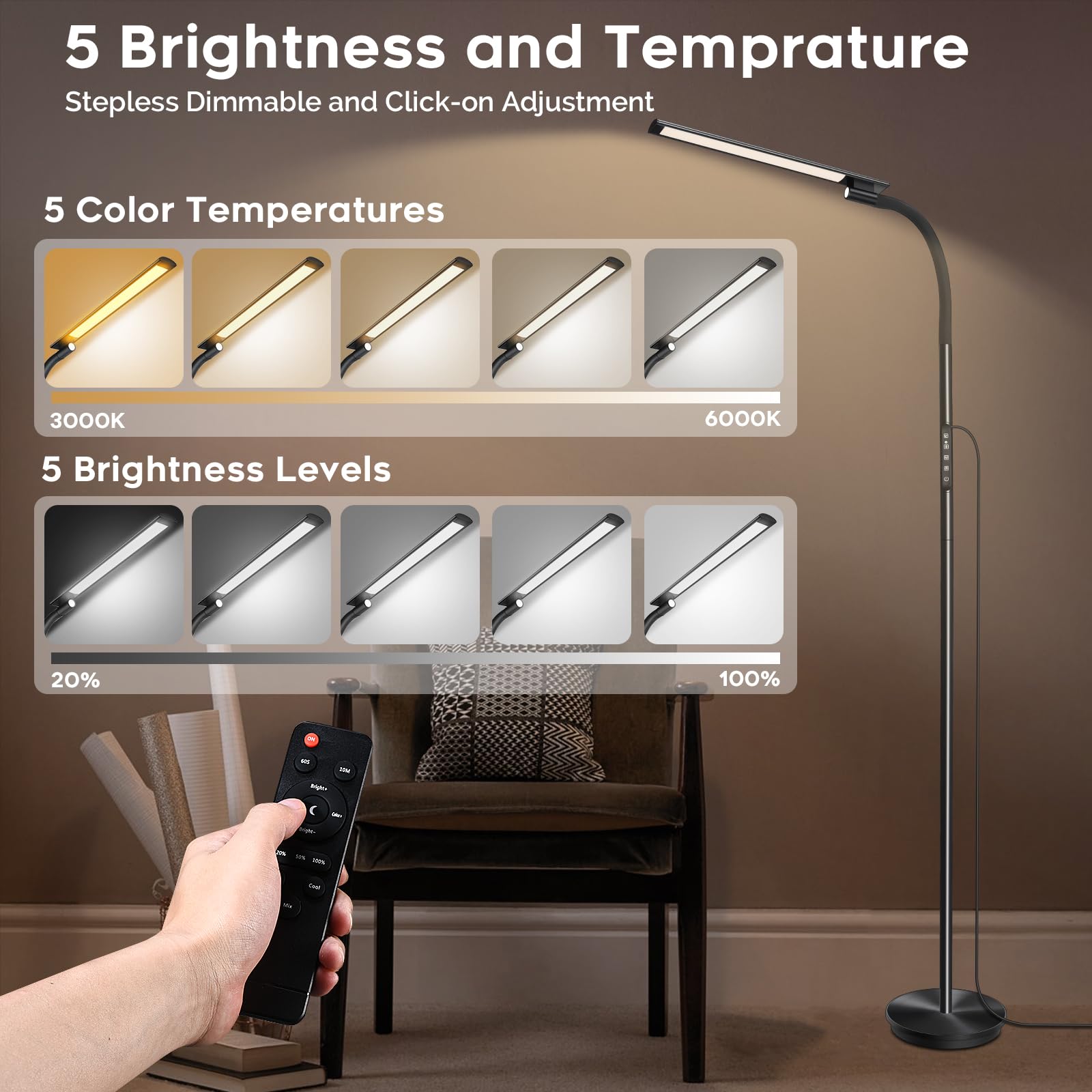 Modern LED Floor Lamp with Remote & Touch Control - Adjustable Gooseneck Standing Light with 5 Color Temperatures & 5 Brightness Levels, Night Light Feature - Perfect for Living Room, Bedroom, Office Reading & Ambient Lighting