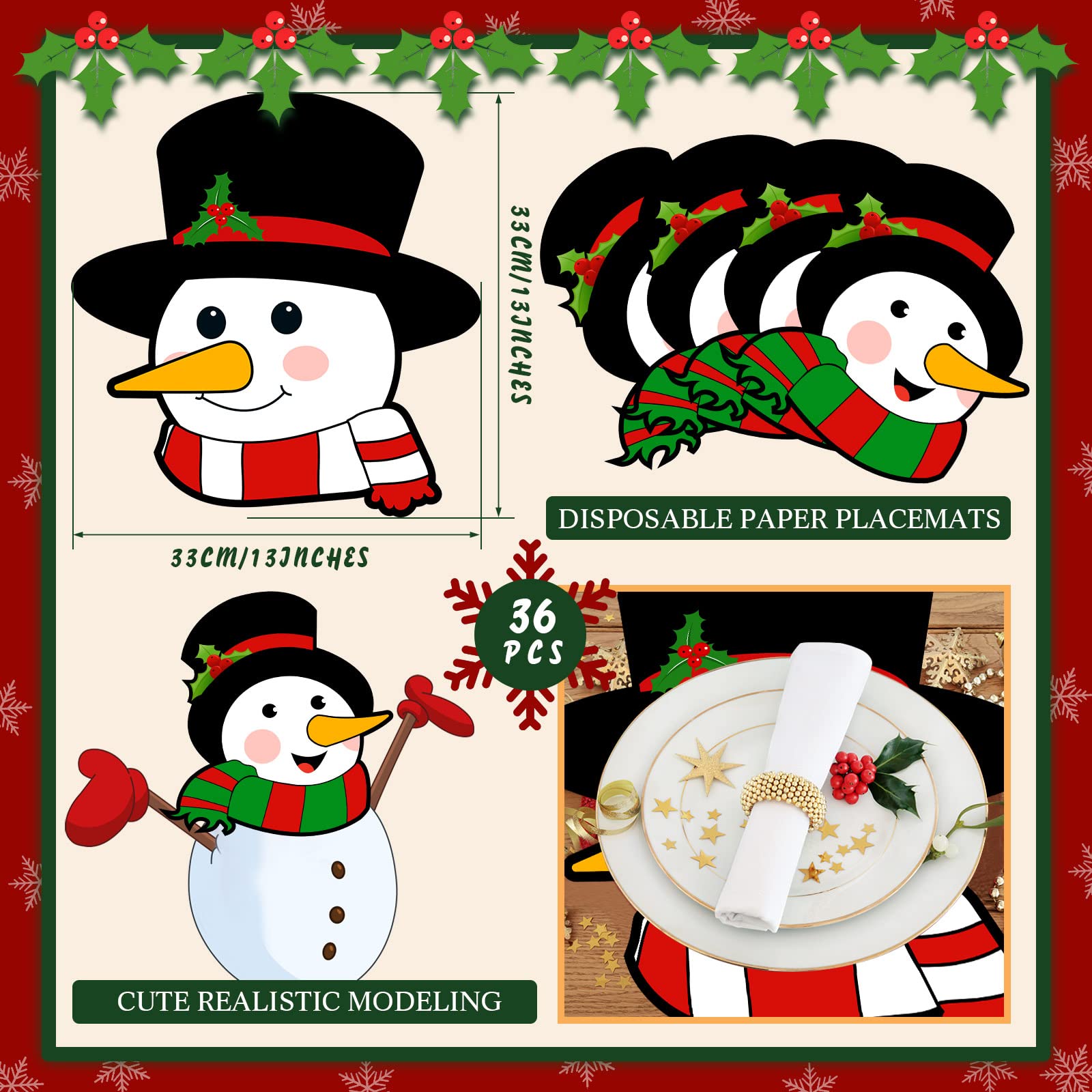 36-Piece Christmas Table Placemats Set - Festive Poinsettia & Snowman Design for Holiday Dining Decor (13x13 Inch) - Perfect for Christmas Parties, Family Gatherings & Winter Table Settings