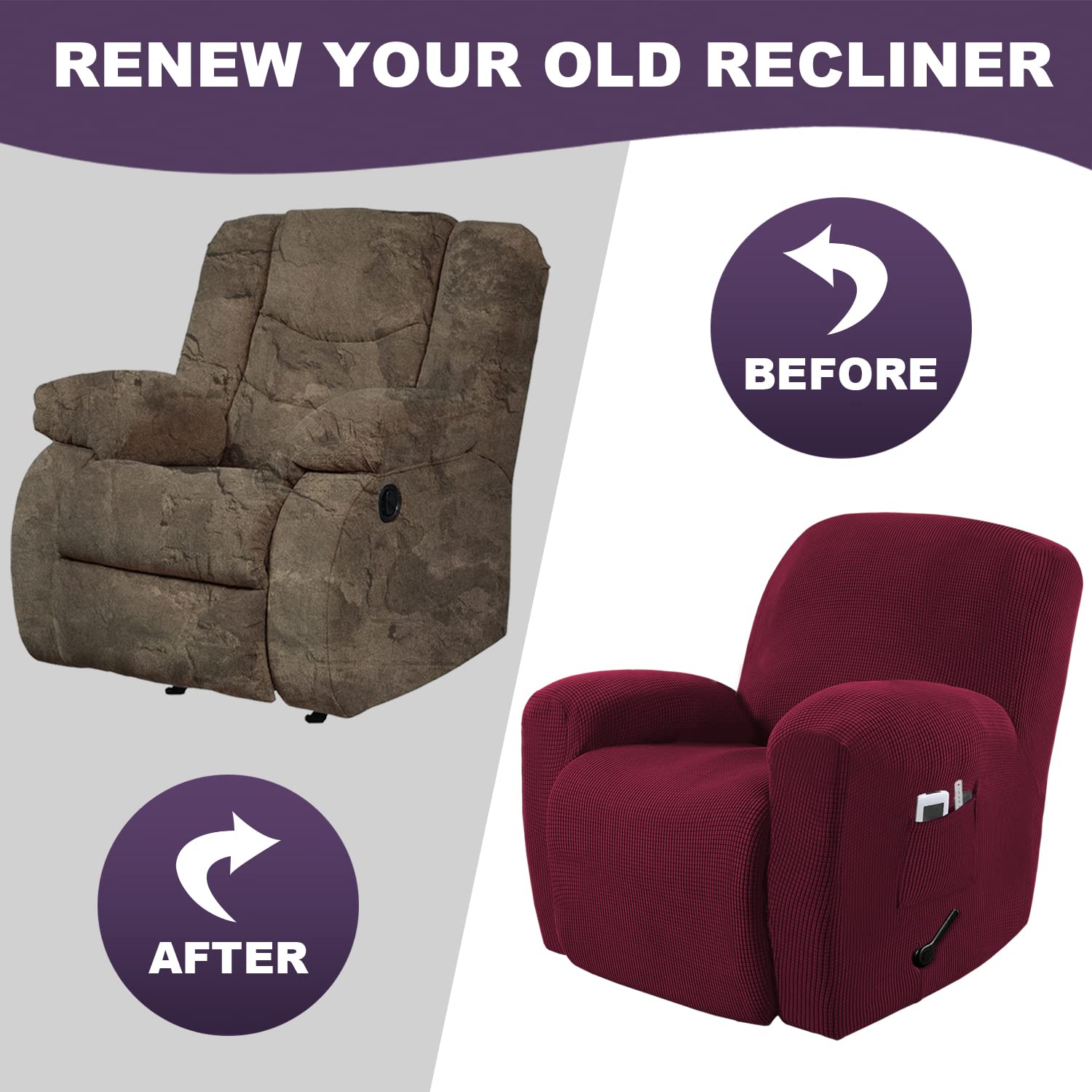 Stretch Recliner Chair Cover 1-Piece Sofa Slipcover with Elastic Bottom - Washable Furniture Protector, Non-Slip Couch Cover for Dogs & Pets - Fits Recliners (Wine Red) - Perfect for Living Room, Home Theater & Pet-Friendly Spaces