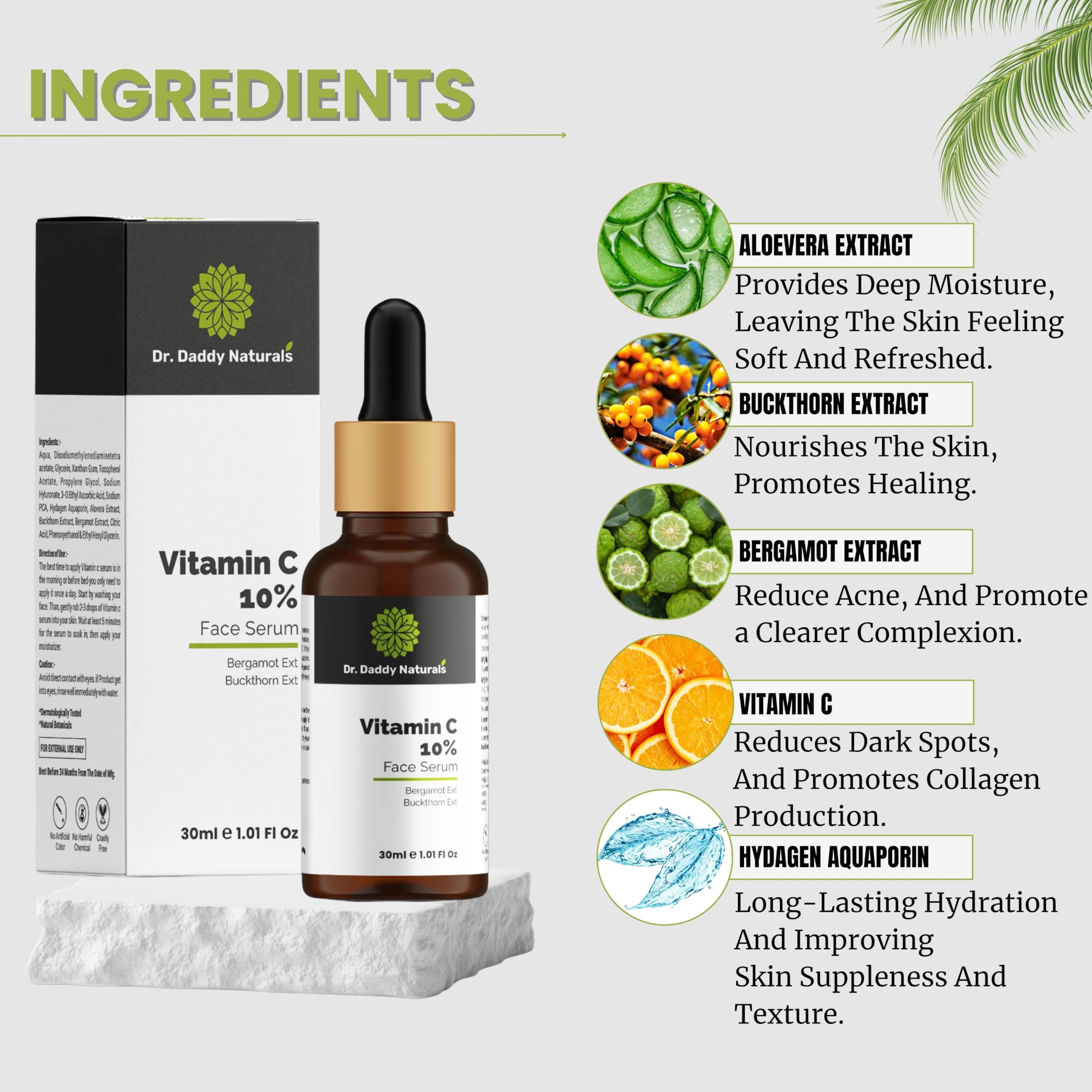 Dr. Daddy Naturals Vitamin C Face Serum with Hyaluronic Acid & Bergamot Extract - Skin Brightening Serum for Hyperpigmentation, Dark Spots & Wrinkles - Fragrance Free, 30ml - Perfect for Daily Skincare Routine & Nighttime Repair