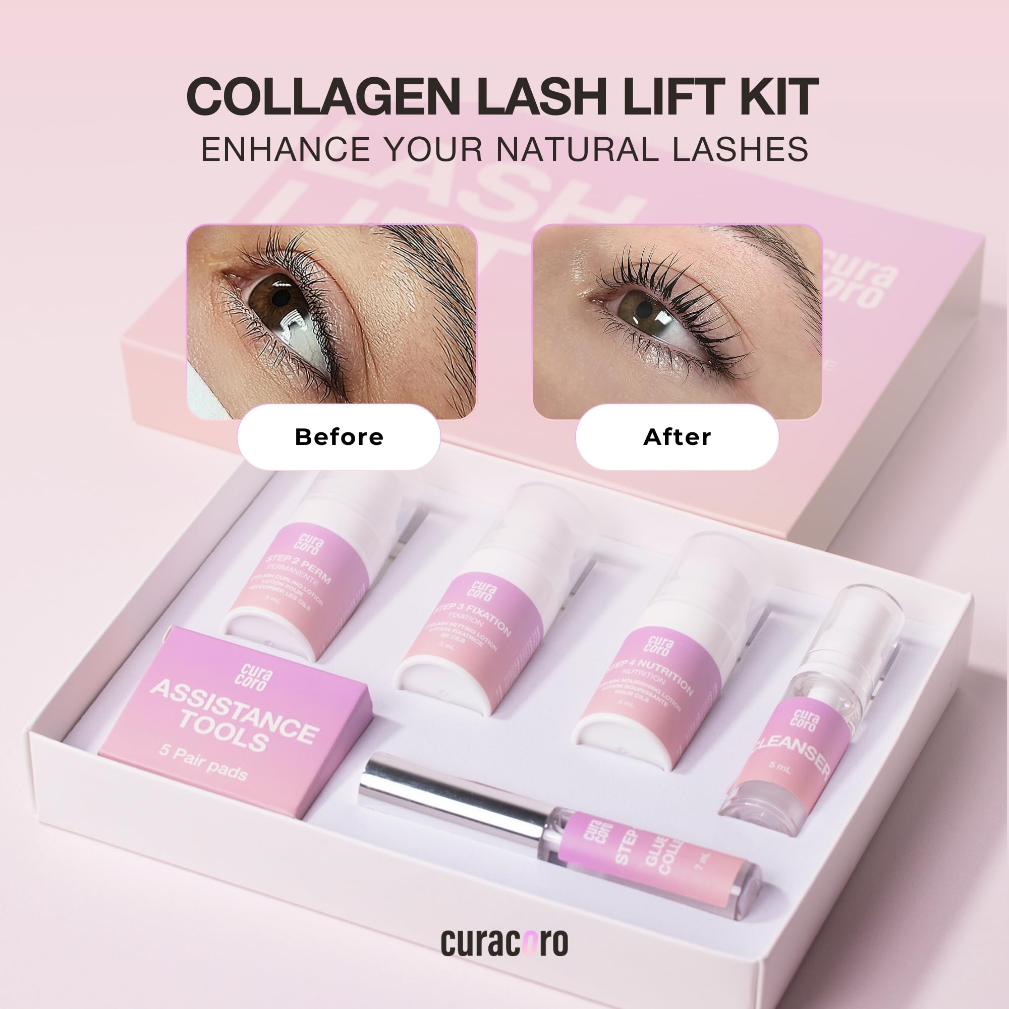 Professional Curacoro Lash Lift Kit - Semi-Permanent Eyelash Perm & Curling Set with Nourishing Collagen, Hygienic & Easy to Clean for Salon & Home Use - Perfect for DIY Lash Lifting & Professional Stylists