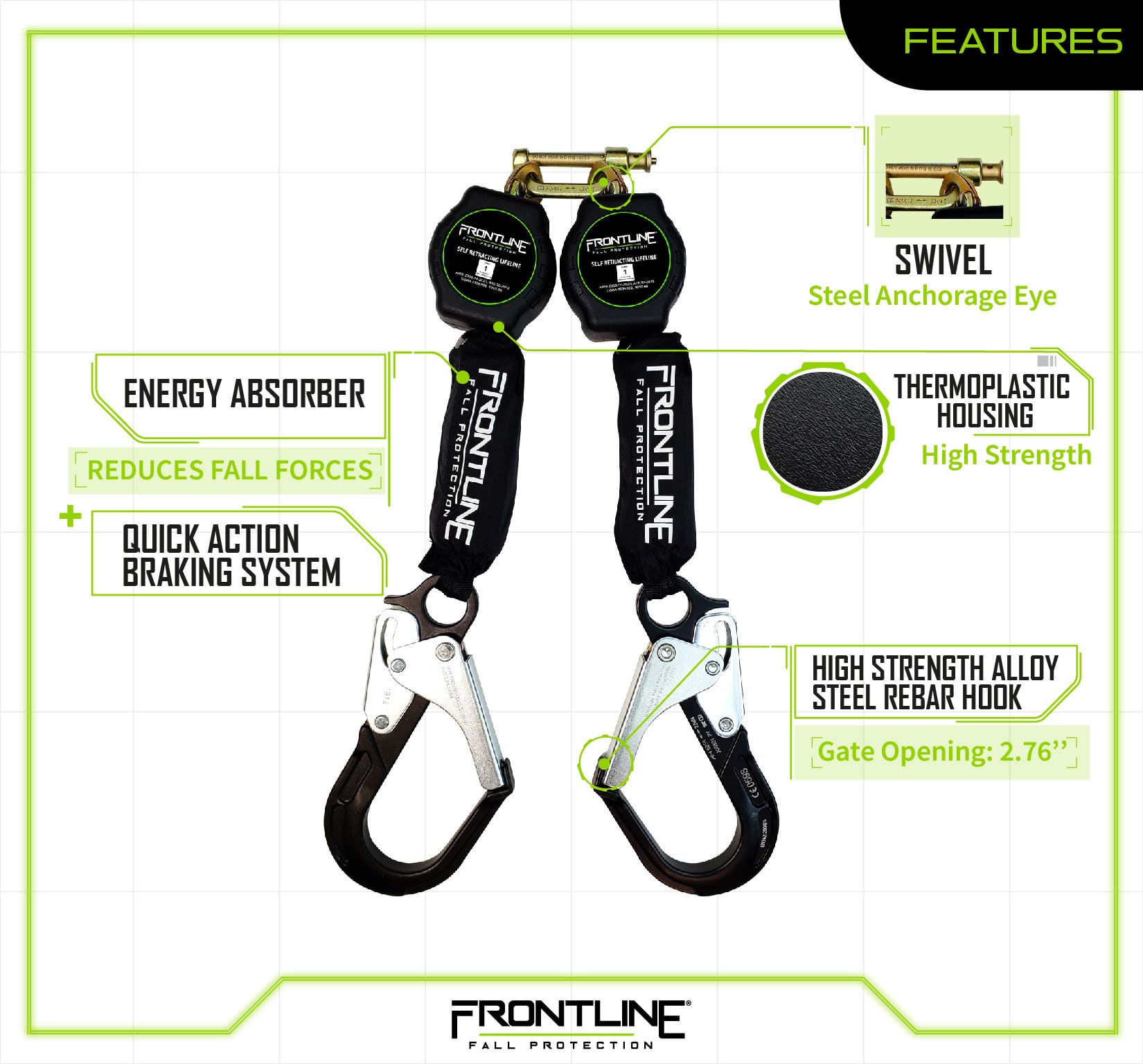 Frontline RPA062RA 6-Foot Aramid Web Twin Leg Self-Retracting Lifeline with Aluminum Rebar Hook Ends | 310 lbs Capacity | Lightweight & Durable Fall Protection Equipment | Aramid Fiber Webbing Safety Harness | ANSI & OSHA Compliant | ISO Certified | Ideal for Construction, Roofing & Industrial Work