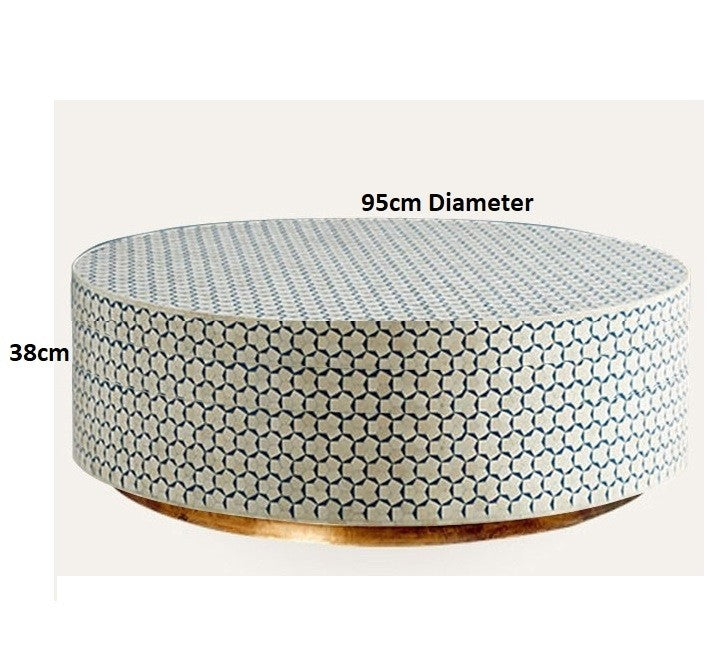 Handmade Custom Maaya Brass Bone Inlay Round Drum Coffee Table - Blue Daisy Floral Design, Boho Chic Living Room Furniture for Home Decor
