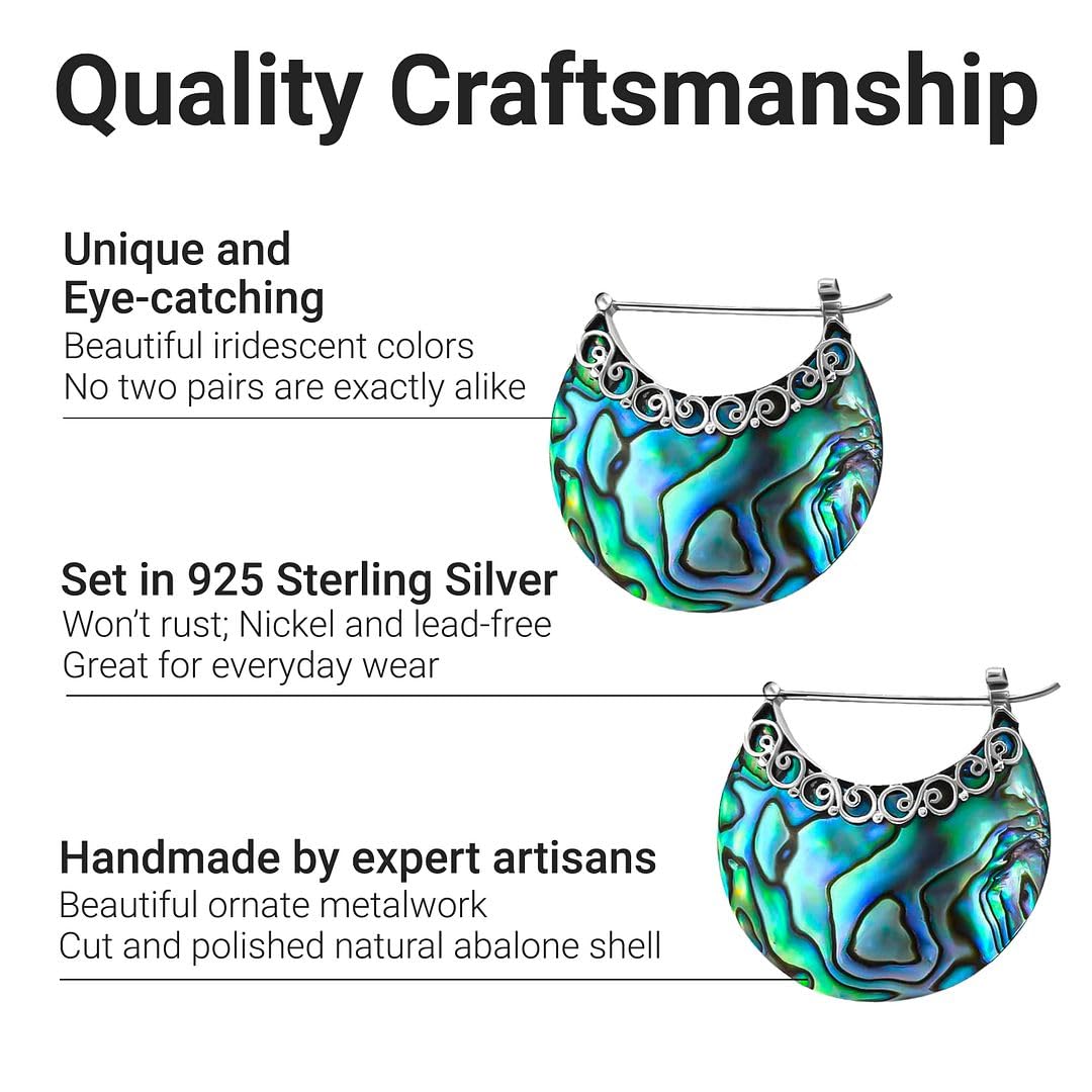 925 Sterling Silver Abalone Shell Hoop Earrings - Genuine Handmade Boho Jewelry for Women - Natural Abalone Bali Dangling Earrings - Perfect for Birthday Gifts, Beach Parties & Boho Fashion Accessories
