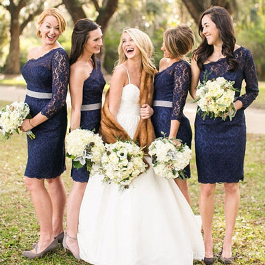 Elegant One Shoulder Long Sleeve Lace Navy Blue Bridesmaid Dress WG128 - Perfect for Weddings, Formal Events & Evening Parties