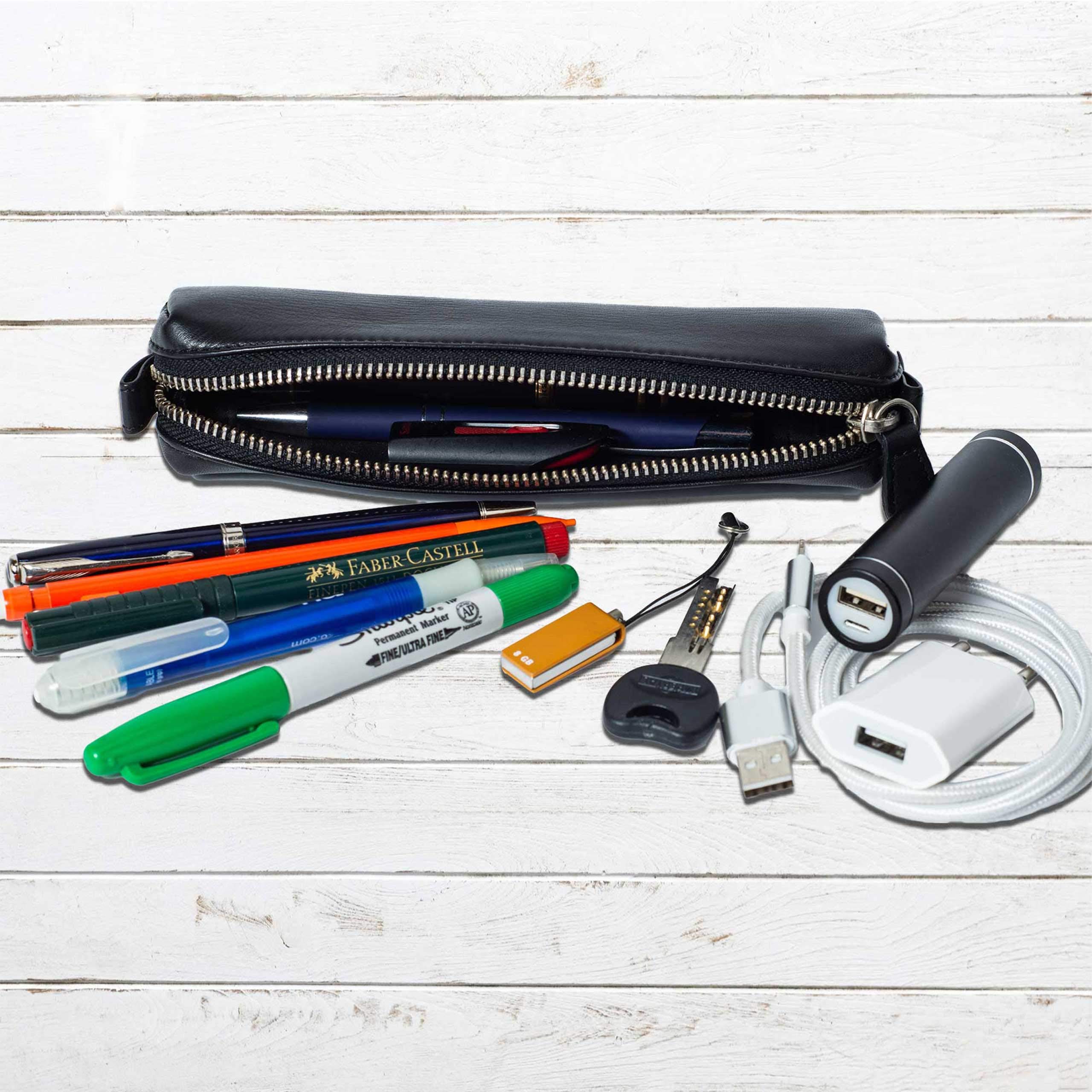 Premium Genuine Full Grain Soft Nappa Leather Pen Case Holder - Zippered Pouch for Fountain, Ballpoint, Rollerball Pens & Pencils (Black) - Perfect for Office, School, Travel & Gift Giving