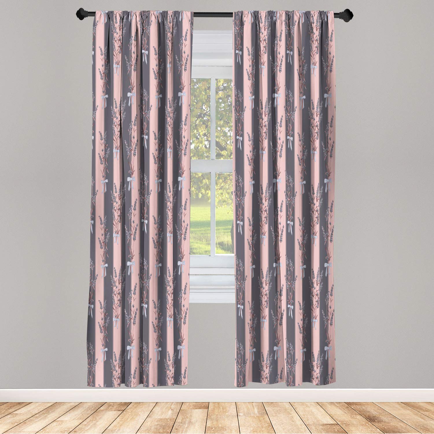 Ambesonne Lavender Floral Window Curtains - Striped Ribbon Romantic Country Design, Lightweight Decorative 2-Panel Set with Rod Pocket, 28